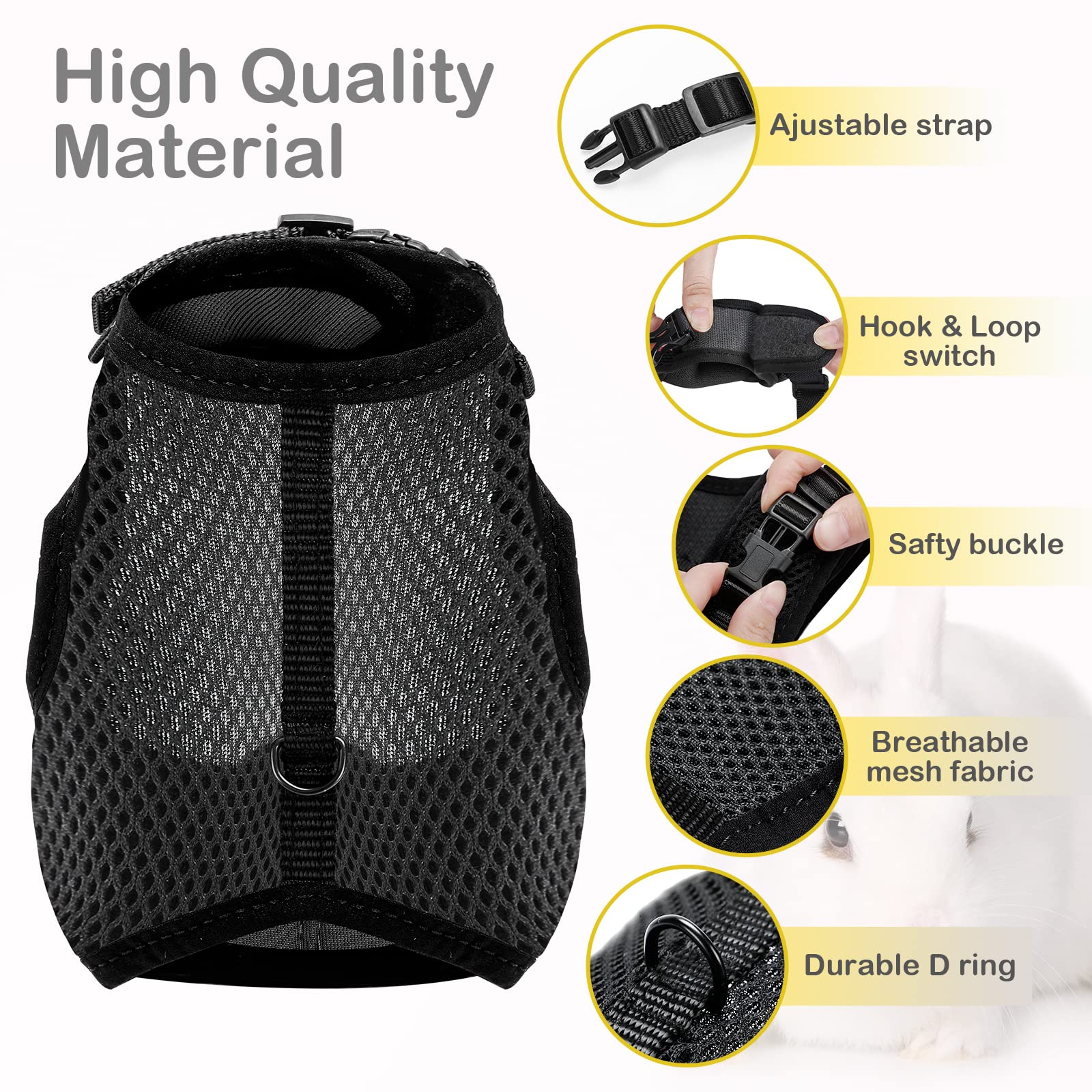 Pettom Bunny Rabbit Harness With Stretchy Leash Cute Adjustable Buckle Breathable Mesh Vest For Kitten Small Pets Walking (S(Che