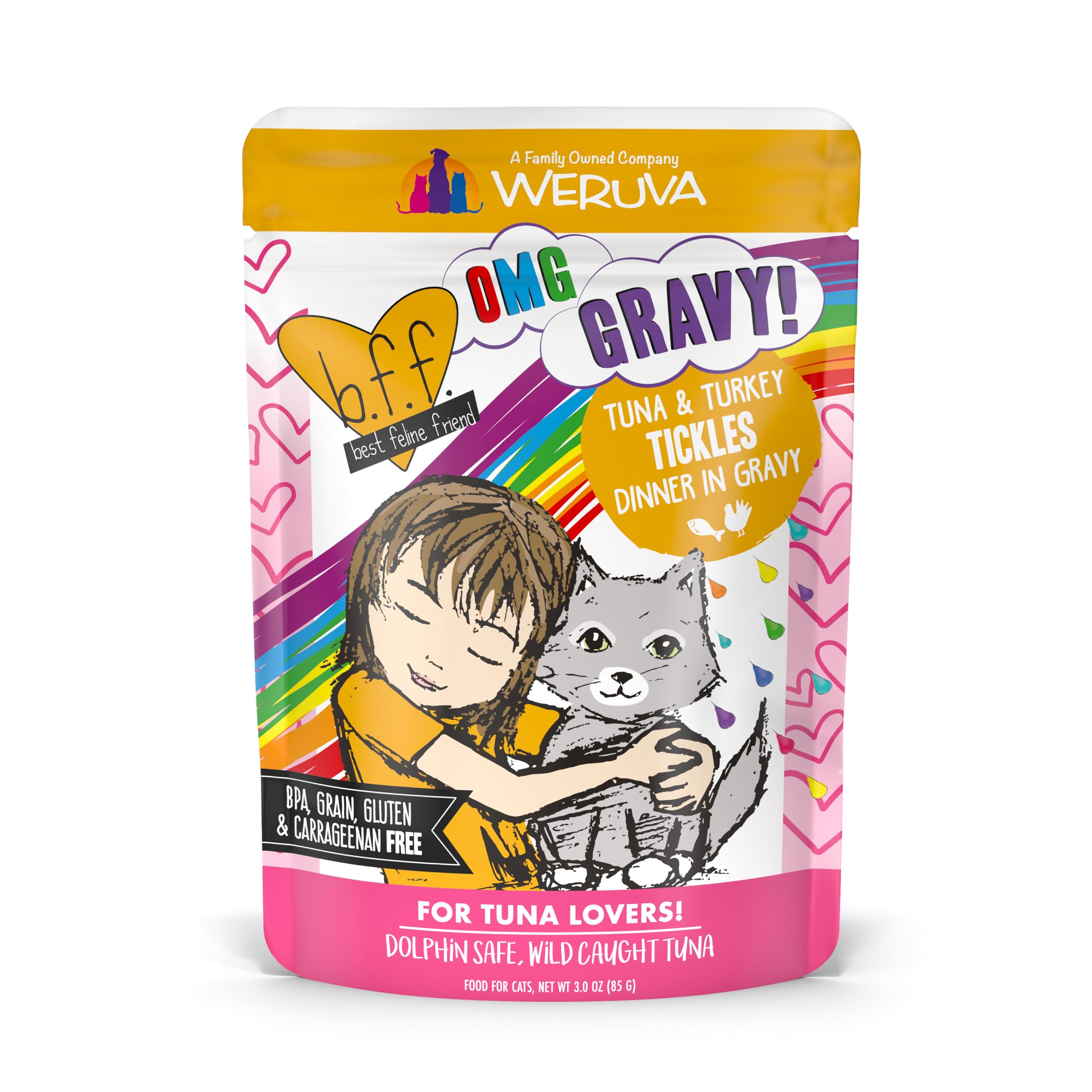 Weruva B.F.F. OMG - Best Feline Friend Oh My Gravy!, Tuna & Turkey Tickles with Tuna & Turkey in Gravy Cat Food, 3oz Pouch (Pack