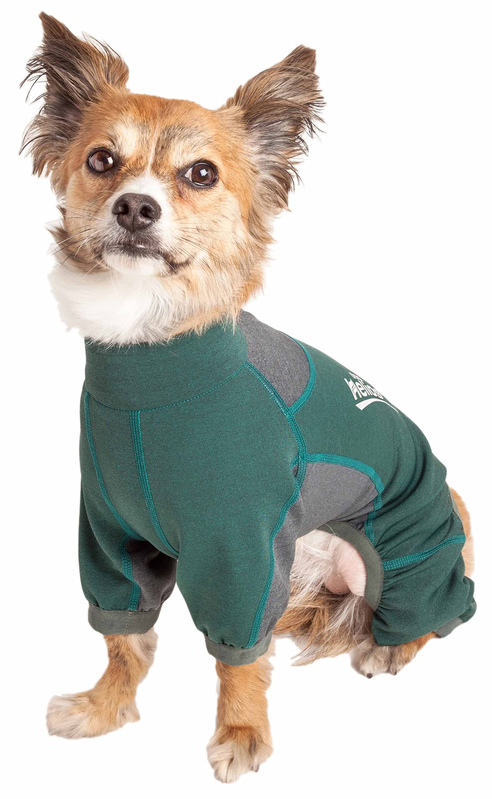 Dog Helios ® 'Rufflex' Mediumweight 4-Way-Stretch Breathable Full Bodied Performance Dog Warmup Track Suit, Medium, Green