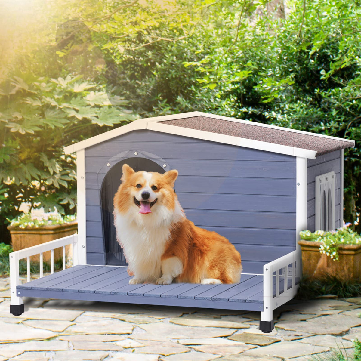 Petsfit Dog House Outdoor With Terrace & Openable Asphalt Roof, 40' L X 47' W X 28.5' H, Outside Dog House With Elevated Floor, Dog House For Small Medium Dogs