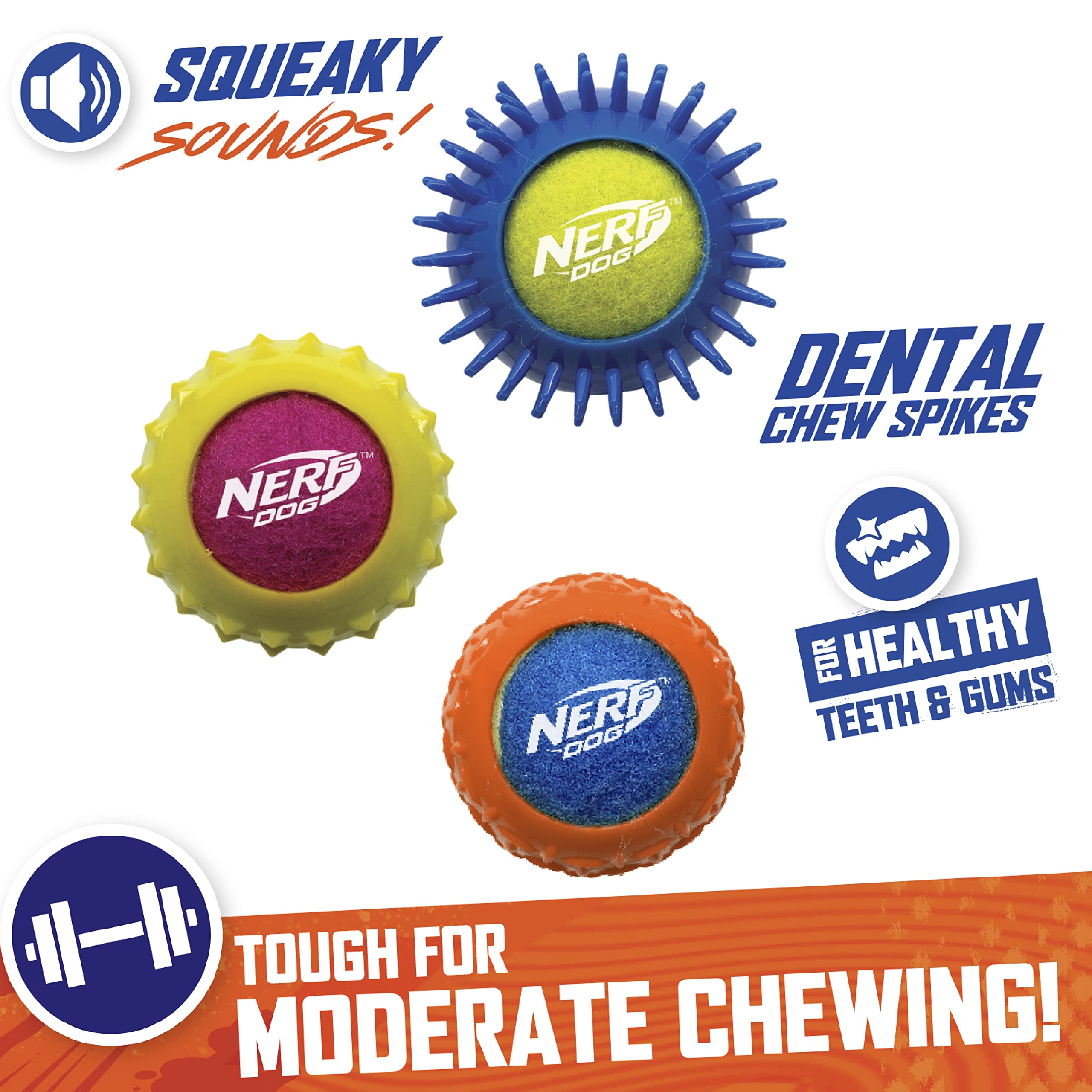Nerf Dog Squeak Armor Tennis Balls 3-Pack - 2.5in, Yellow/Pink, Orange/Blue, Blue/Green, Model NF-7259