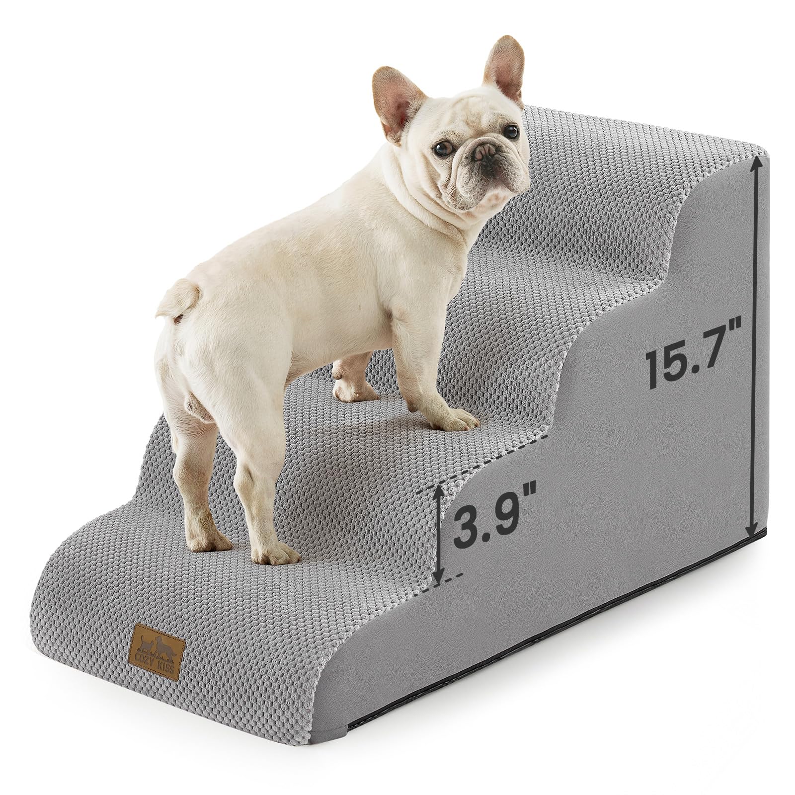 COZY KISS Dog Stairs for Small Dogs 15.7 H, 4-Step Sturdy Foam Dog Steps for Couch and Bed, Curved Pet Stairs for Puppy and Olde