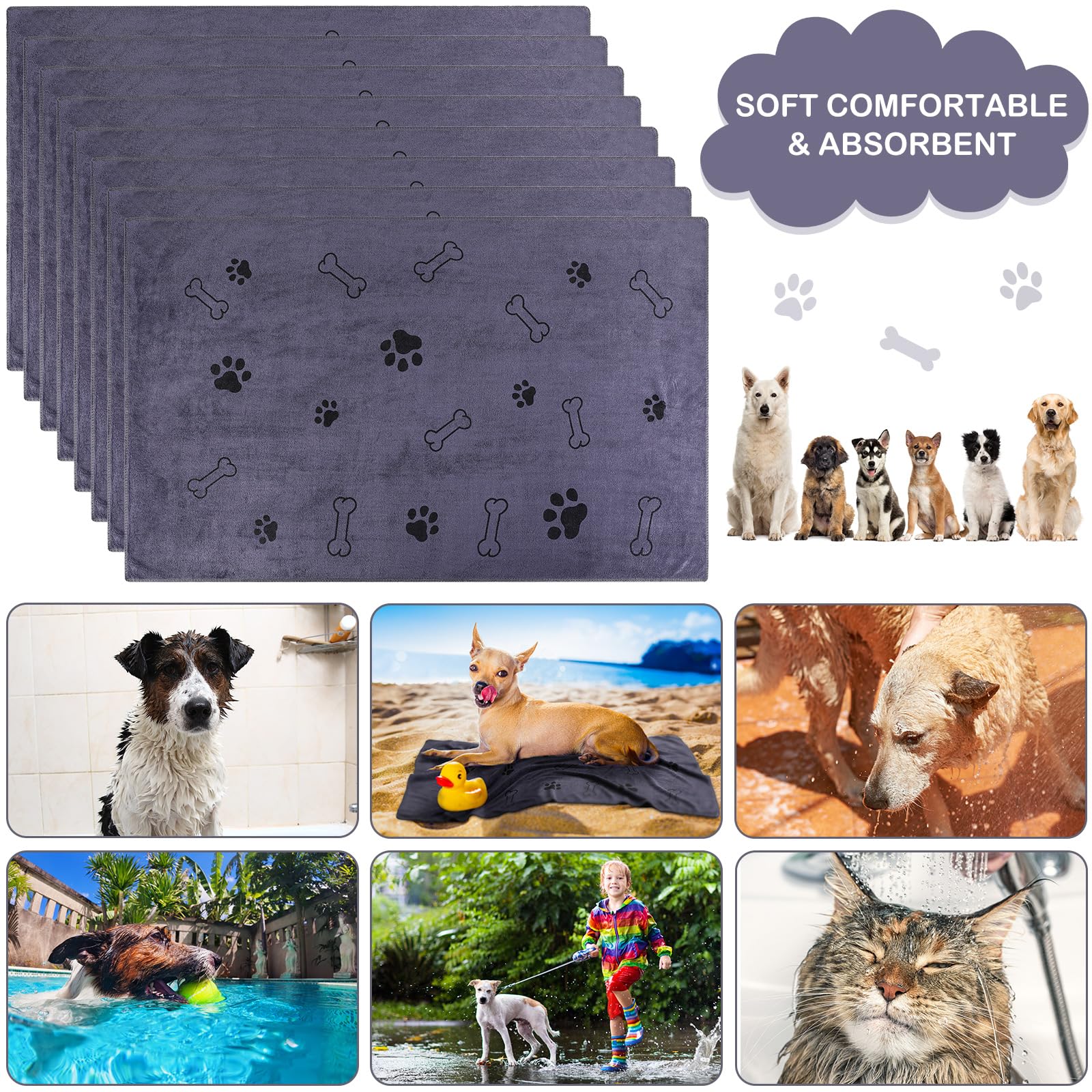 Chumia 8 Pcs Bulk Towels for Drying Dogs Cats Pet Towels Puppy Microfiber Quick Drying Dog Paw Bath Bathing Supplies Absorbent f