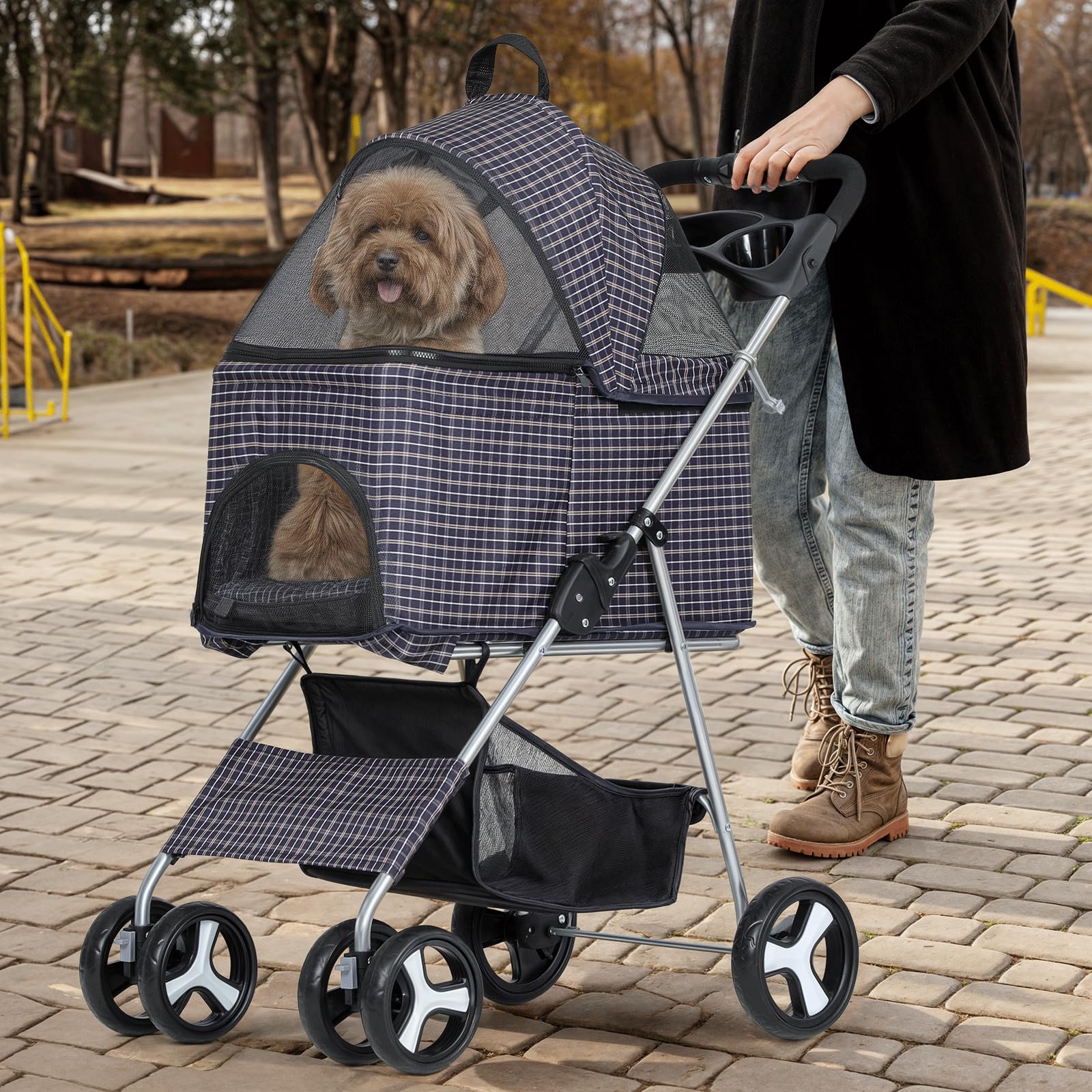 Monibloom 3 In 1 Foldable Pet Stroller For Small & Medium Dogs, Detachable Carrier, Car Seat, Push Button Entry, 4-Wheel Jogger