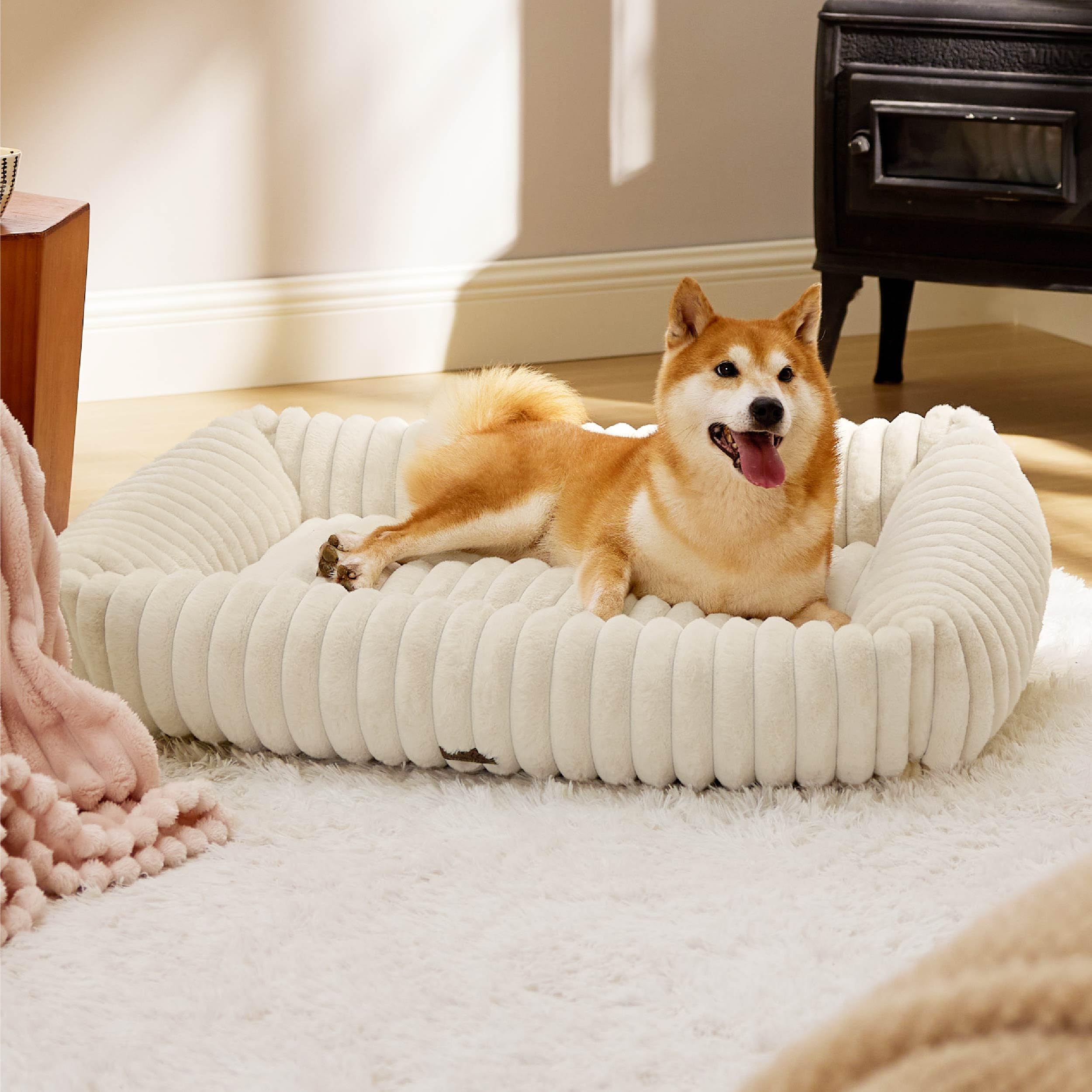 Bedsure Cute Dog Beds Large Sized Dog - Washable Furry Pet Beds, Rectangle Orthopedic Corduroy Fleece Puppy Beds With Removable 