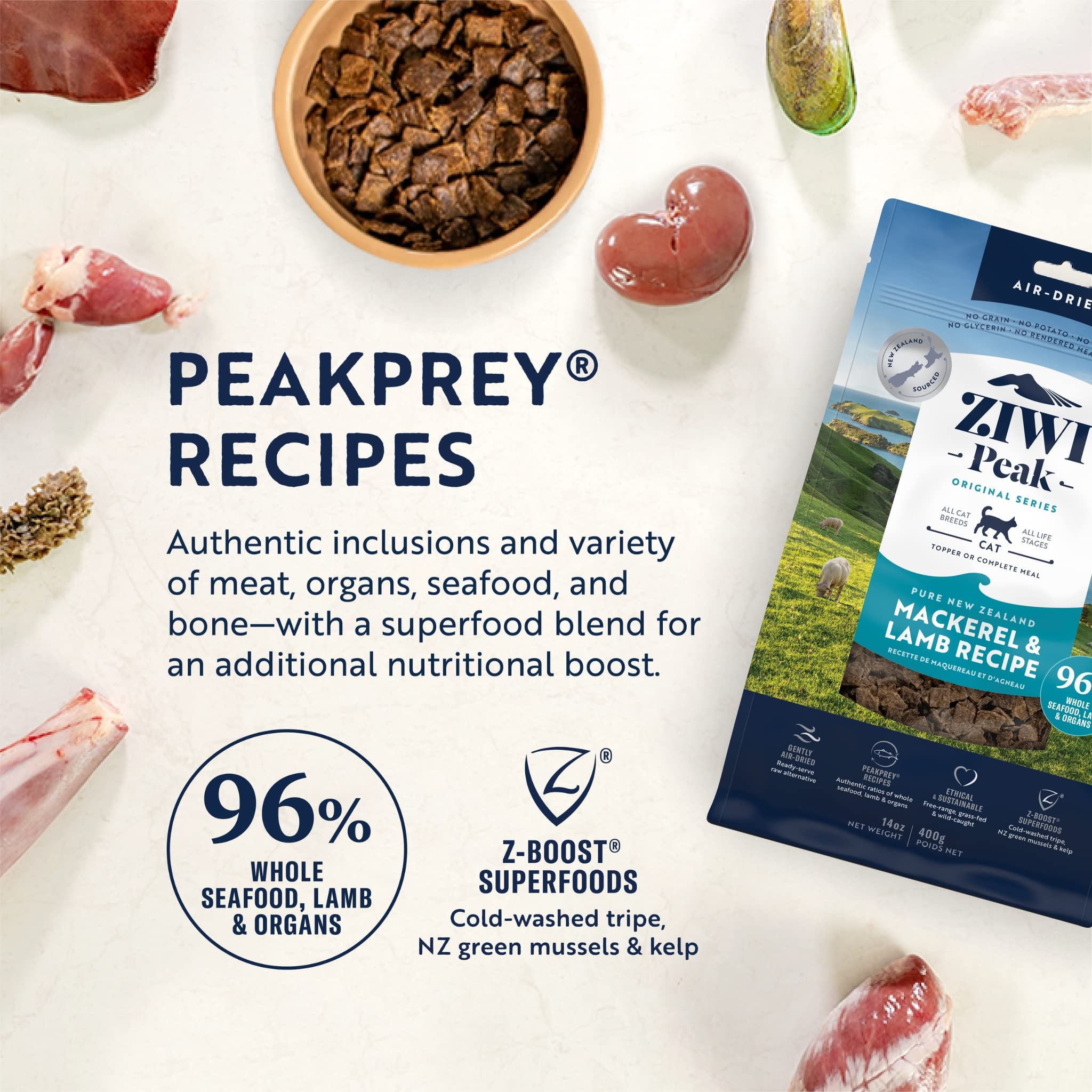 ZIWI Peak Air-Dried Cat Food - High Protein, Grain Free, Mackerel & Lamb, 2.2 lb
