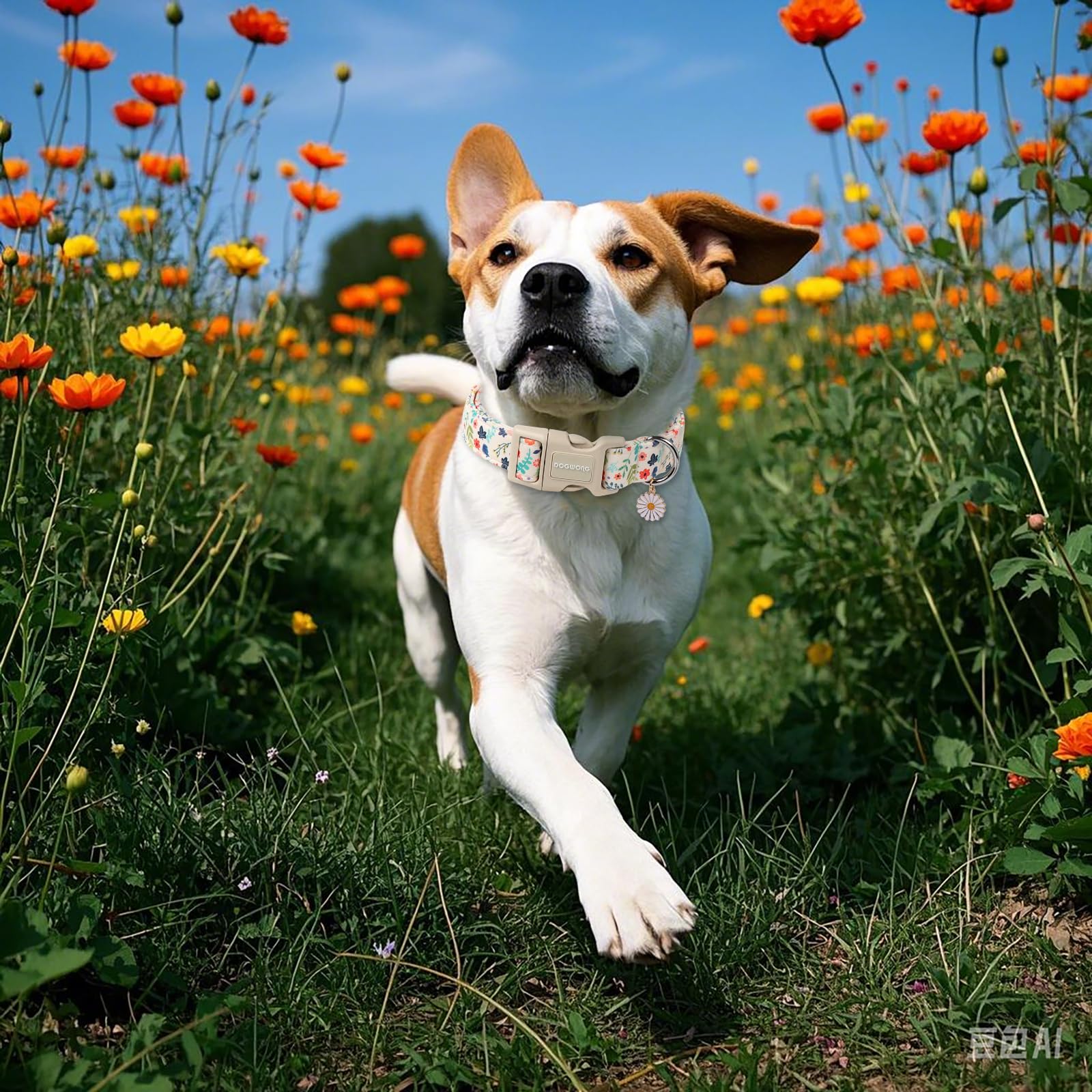 Dogwong Spring Summer Floral Cotton Dog Collar, Pink Flower Dog Collar Durable Soft Fabric Pet Dog Collars Cute Girl Female Pupp