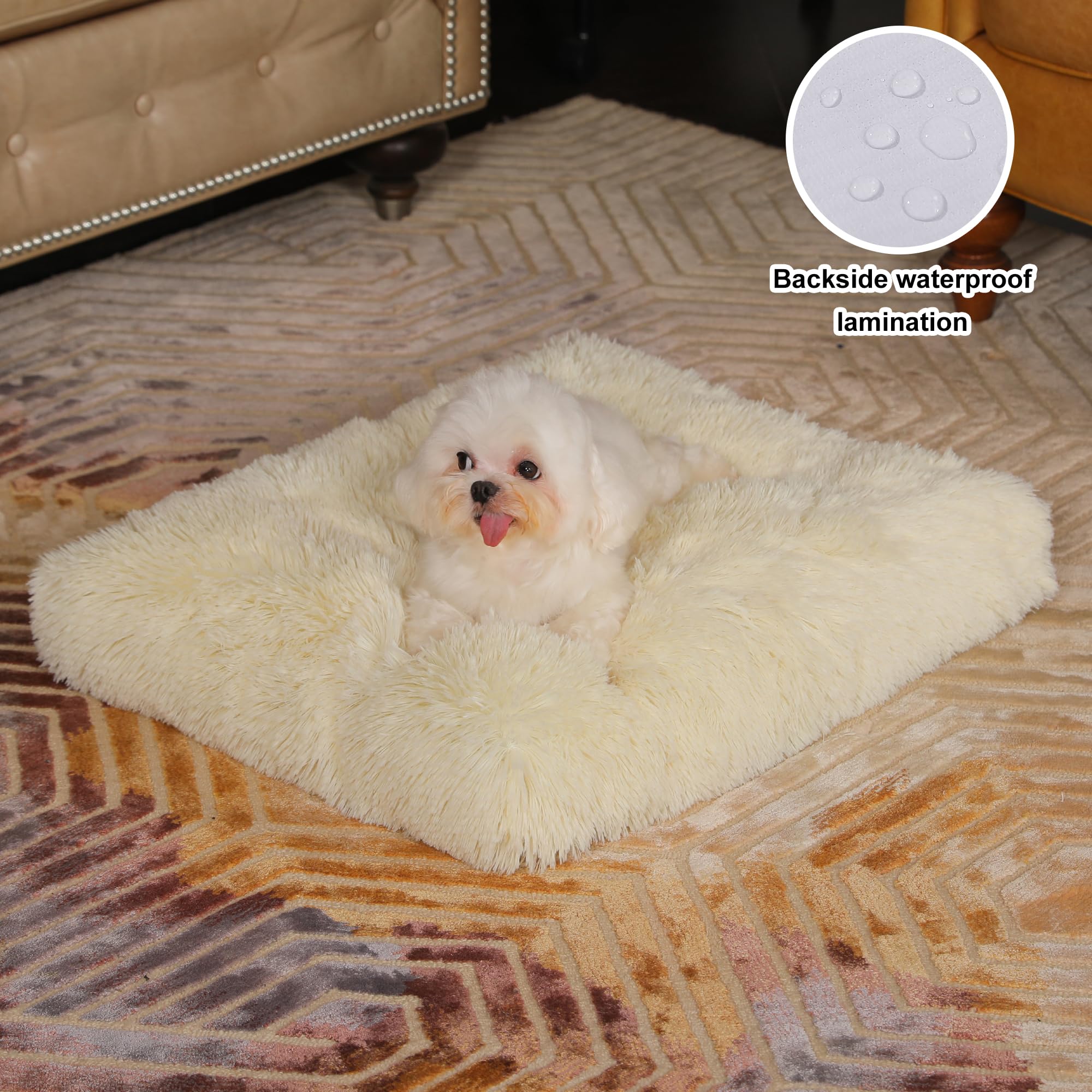 Bedfolks Waterproof Dog Crate Pad, Plush Dog Kennel Bed With Removable Cover, Faux Fur, Washable, 21''X13'', Cream