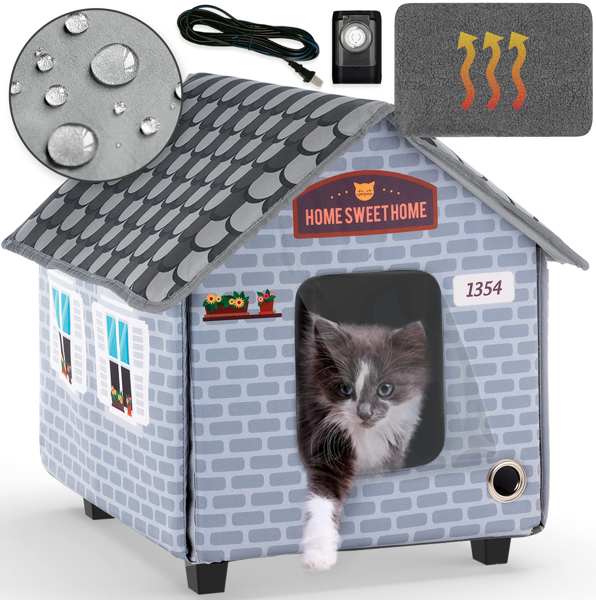 Petyella Heated Cat Houses For Outdoor Cats In Winter - Heated Outdoor Cat House Weatherproof - Outdoor Heated Cat House - Easy To Assemble