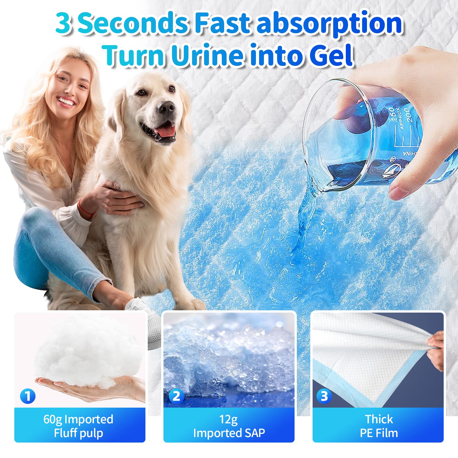 Bulubaky 6 Layers Leak-Proof Super Absorbent Puppy Pads Pee Pads for Dogs, XXL Extra Large Thicken Polymer Quick Dry Dog Pads, D