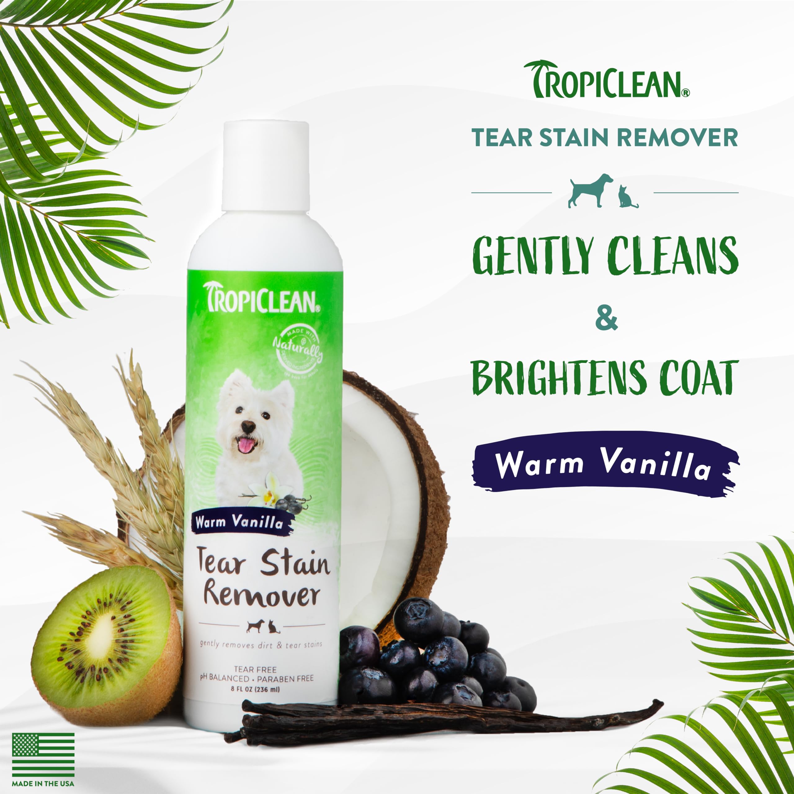 TropiClean Warm Vanilla Tear Stain Remover for Dogs | Tearless Blueberry Facial for Dogs | Ideal for White Dogs & All Other Coat