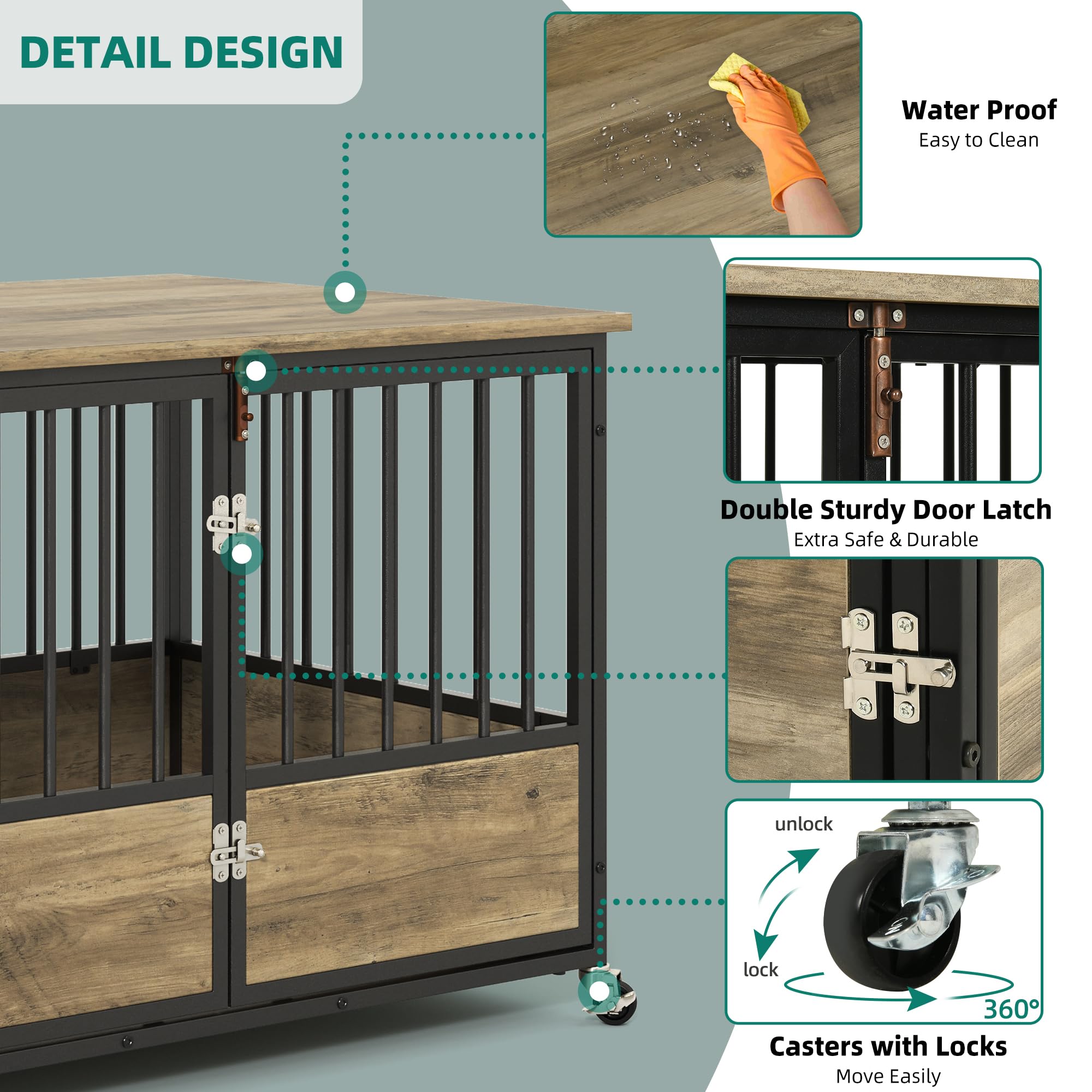 YITAHOME 43.3 Dog Crate Furniture with Wheels, Heavy Duty Wood Dog Cage Table with Double-Doors Chew-Resistant Wooden Dog Kennel