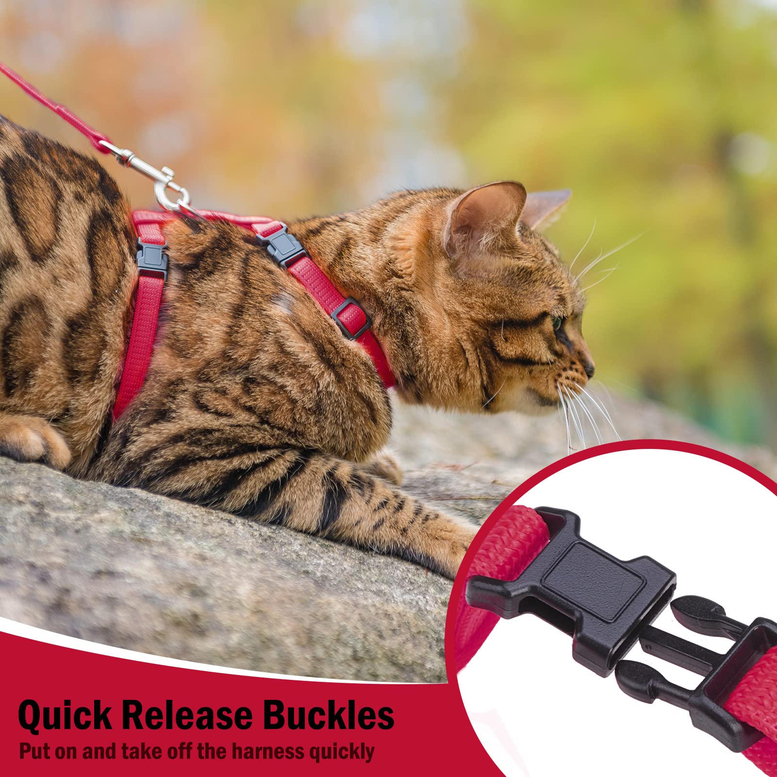 Pupteck Adjustable Cat Harness And Leash Set Escape Proof Kitten Strap Collar For Walking Travel, Red