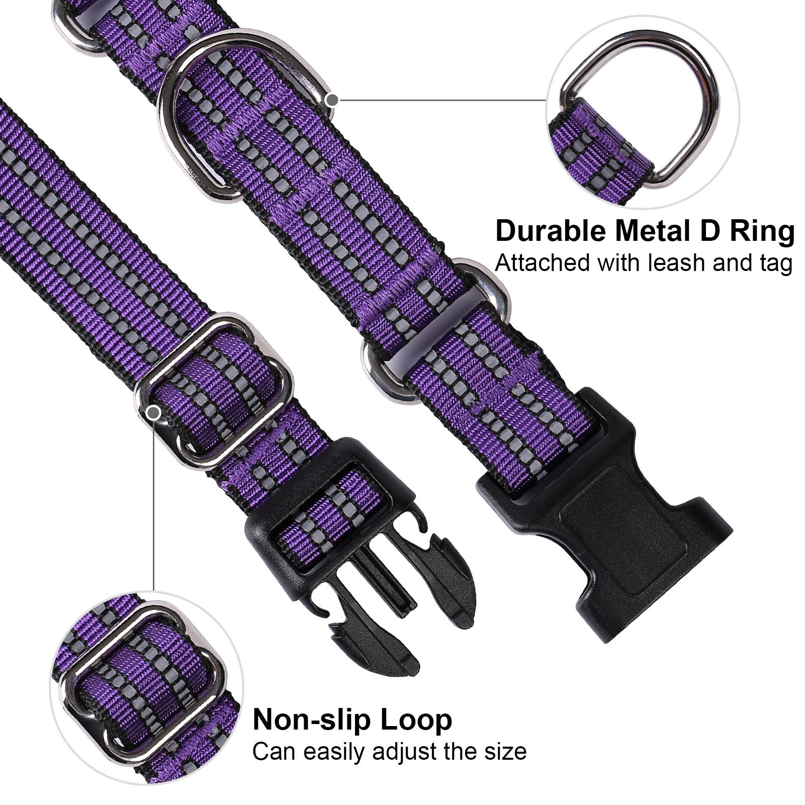 Joyeeiioo Martingale Dog Collar, Adjustable Nylon Reflective Collar With Buckle. No Pull -For Small, Medium, Large Dogs. Prevents Slipping Out-Helps With Strong Pullers-Increase Control (Purple M)