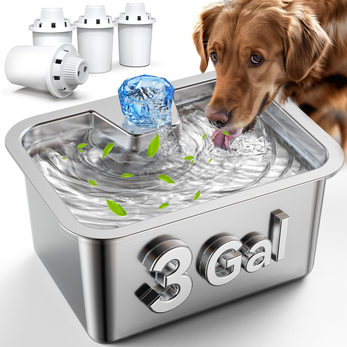 Large Dog Water Fountain Stainless Steel,3 Gallon Extra Big Pet Water Fountain For Large Dogs With 4 Filters,Automatic Dog Water