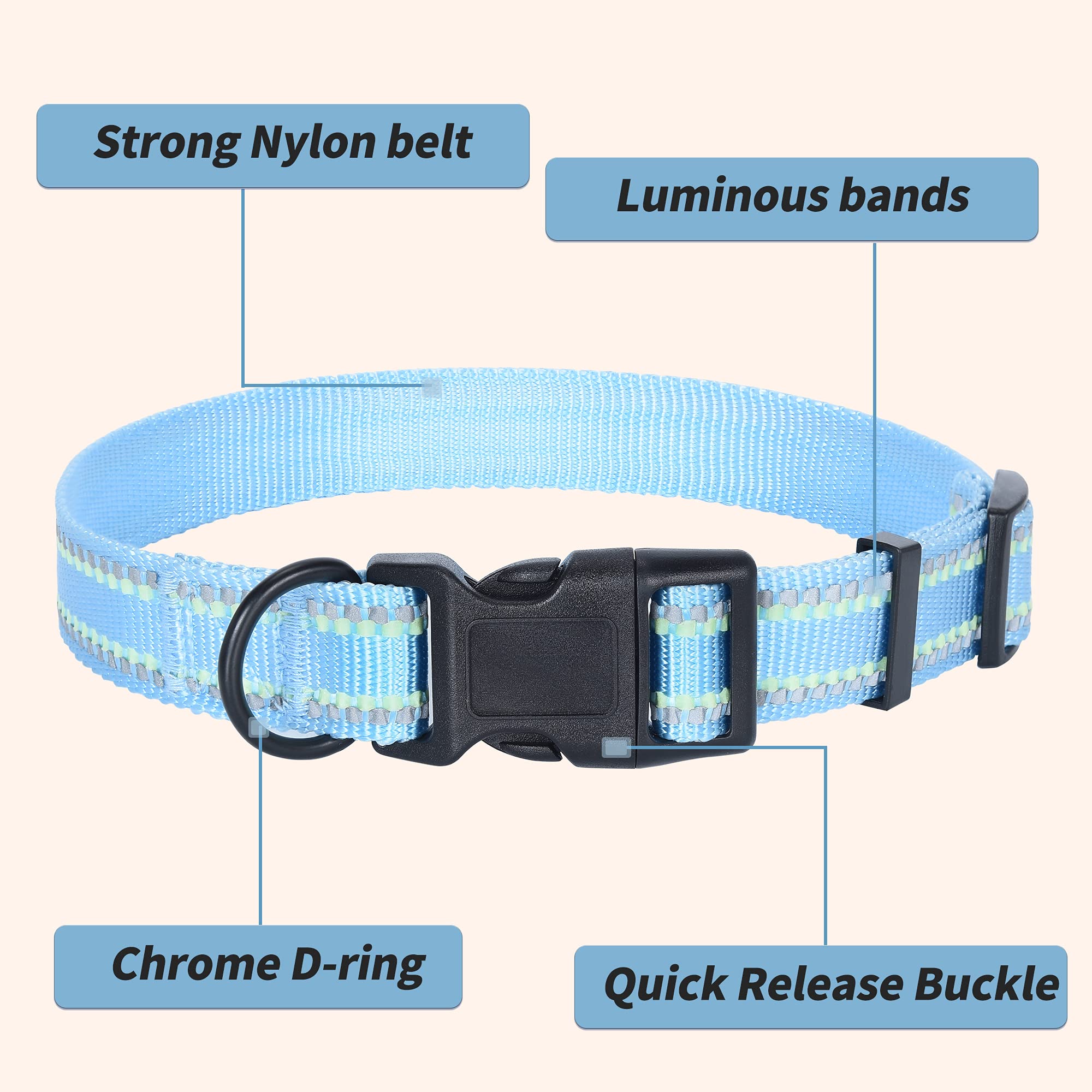 Mile High Life | Nylon Night Light Glow Collar For Medium Dogs | Reflective Band Cat Collar | Fluorescence Self-Luminescence Strap Puppy Collar | Safe Night Walk Collars For Dogs (Blue, S)