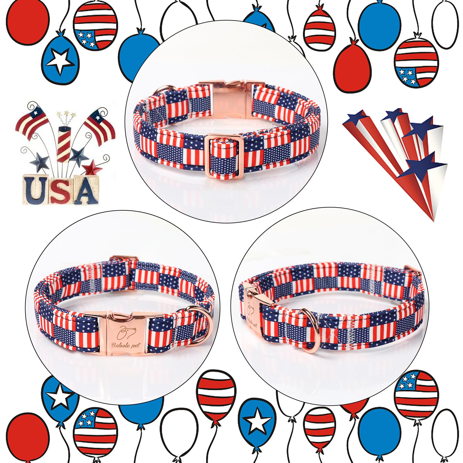 Babole Pet 4Th Of July Dog Collar - Us Flag Patriotic Dog Collars For Medium Dogs, Adjustable Independence Day Stars & Stripes A