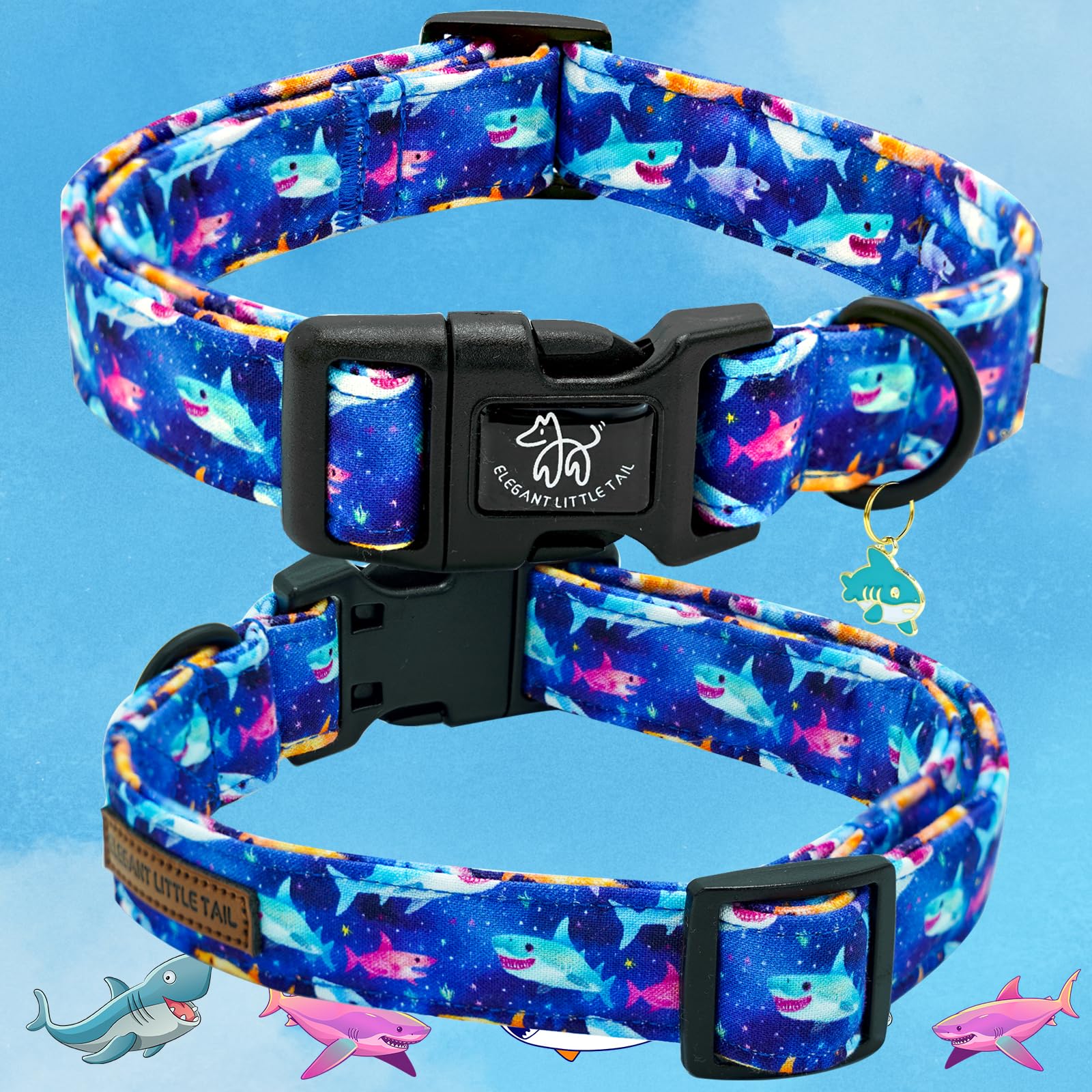 Elegant Little Tail Dog Collar- Cute Dog Pet Collars Blue Shark Print Puppy Adjustable Soft Cotton Boy Dog Collars For Small Med