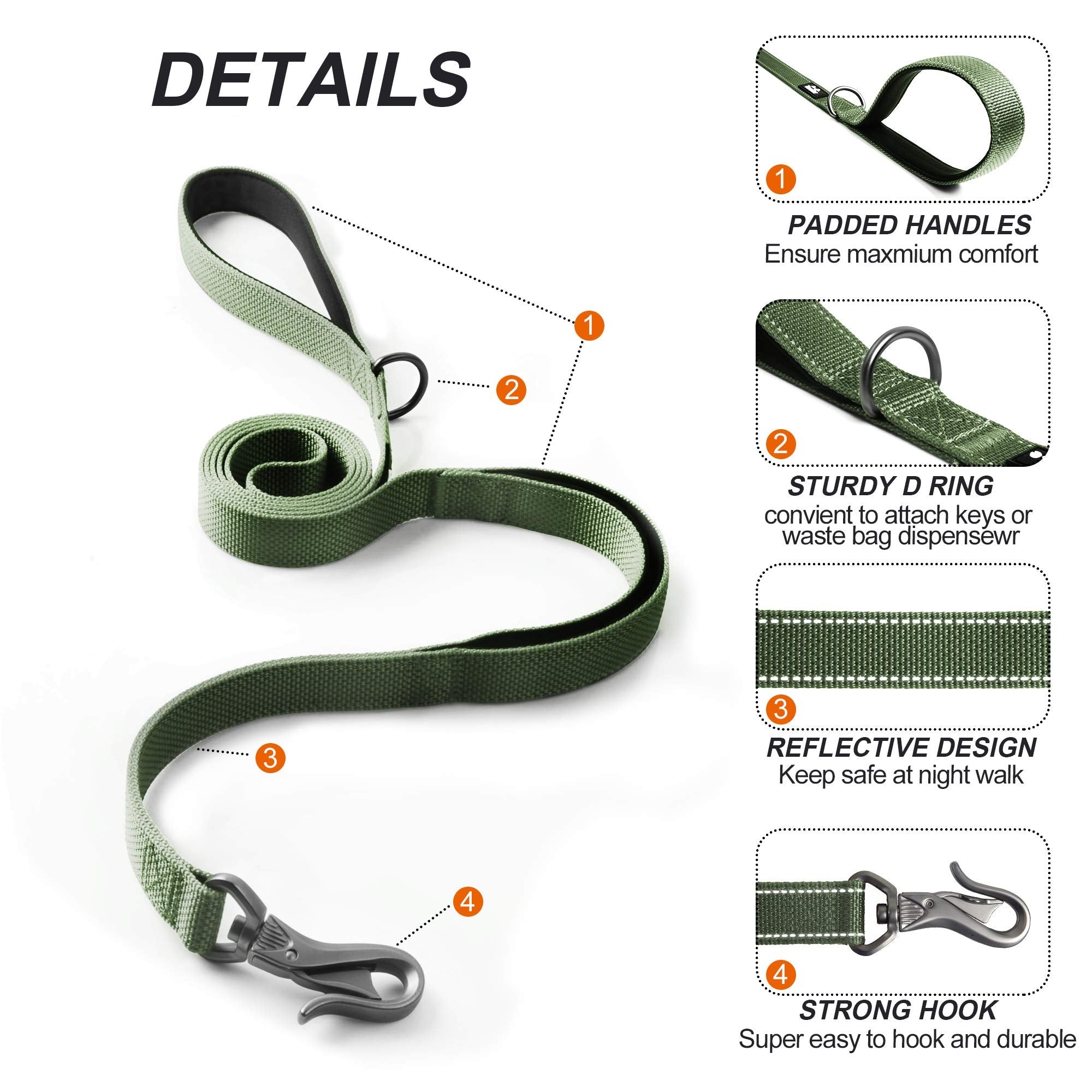 TwoEar 6FT Green Dog Leash - 1IN Strong with 2 Padded Handles, Traffic Control, Reflective, Auto Lock Hook for Small to Large Dogs
