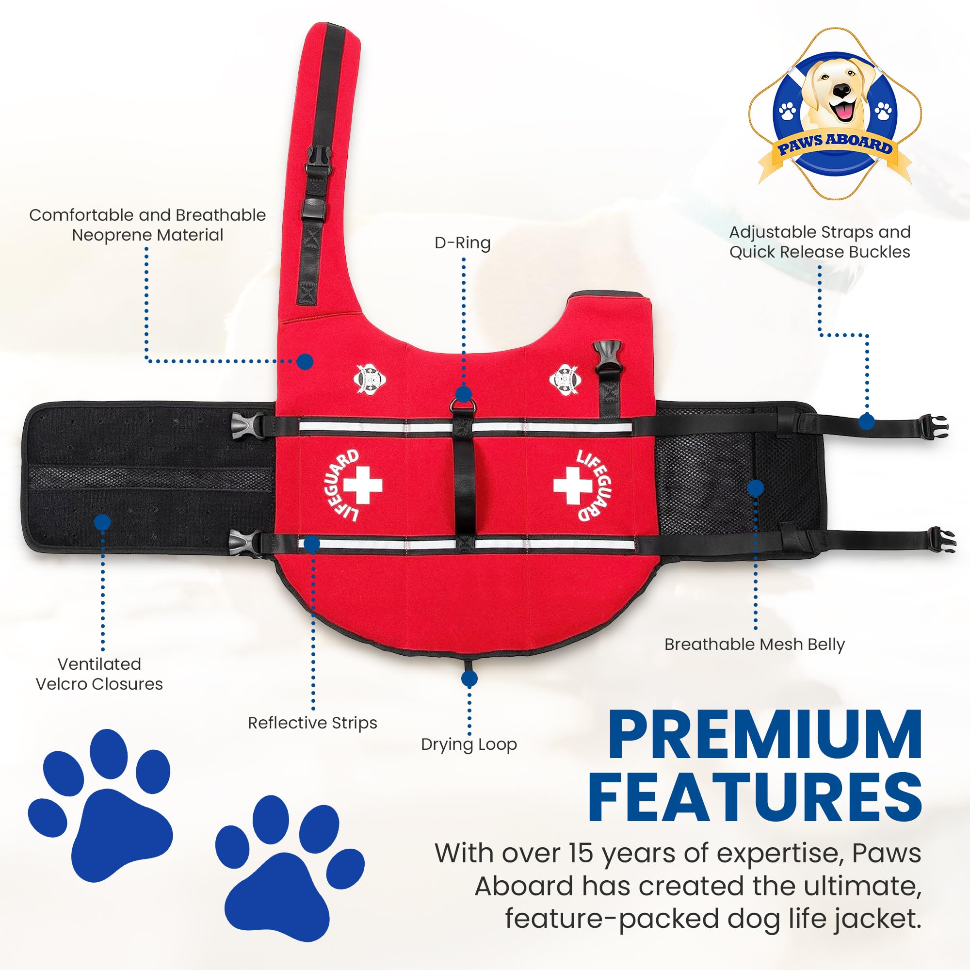 Paws Aboard Dog Life Jacket - Keep Your Canine Safe with a Neoprene Life Vest for Swimming and Boating - Available in Different Sizes, Color and Design to Choose - Red, Medium
