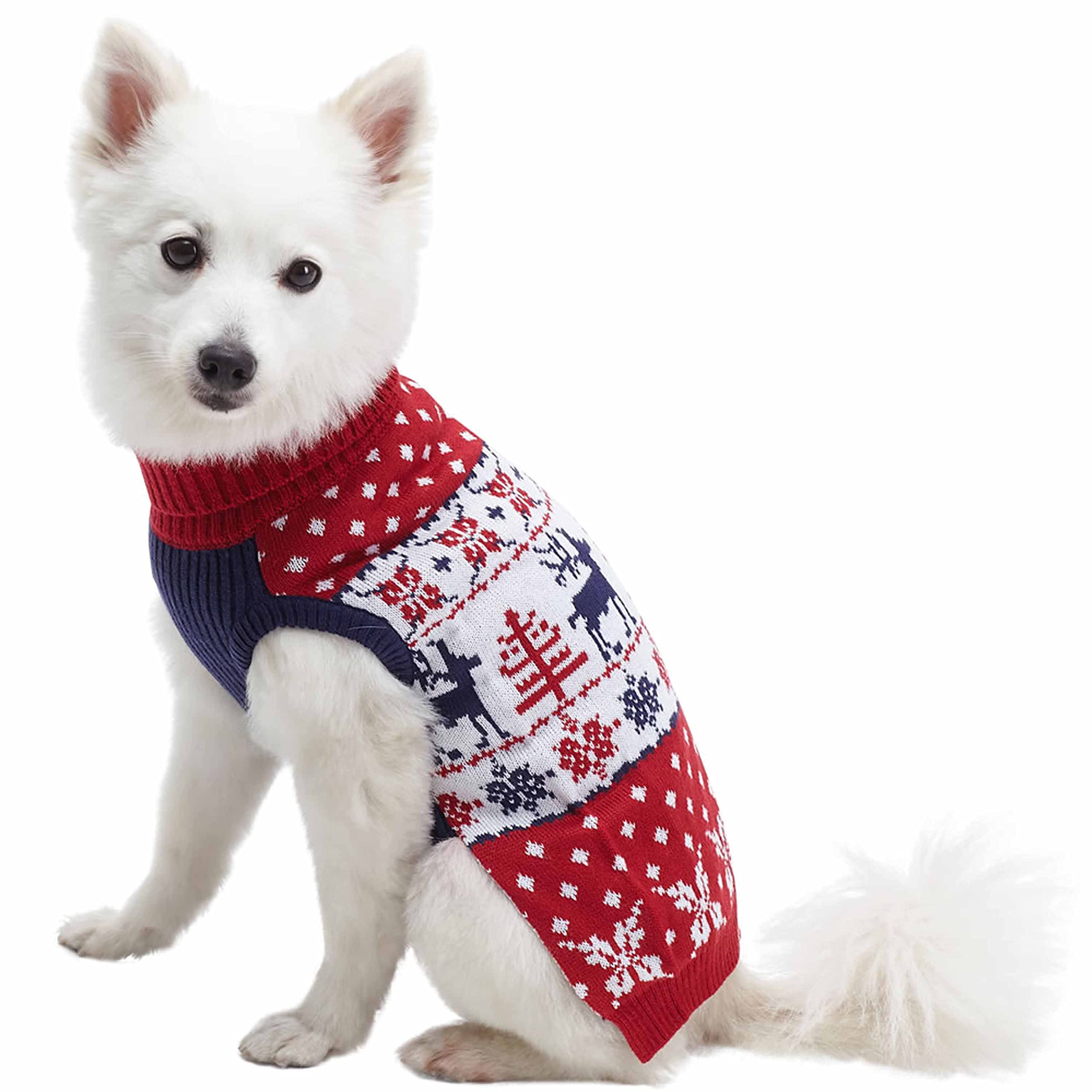 Blueberry Pet Ugly Christmas Reindeer Dog Sweater Turtleneck Holiday Family Matching Clothes For Dog, Tango Red & Navy Blue, Back Length 14', Warm Winter Outfit For Medium Dogs