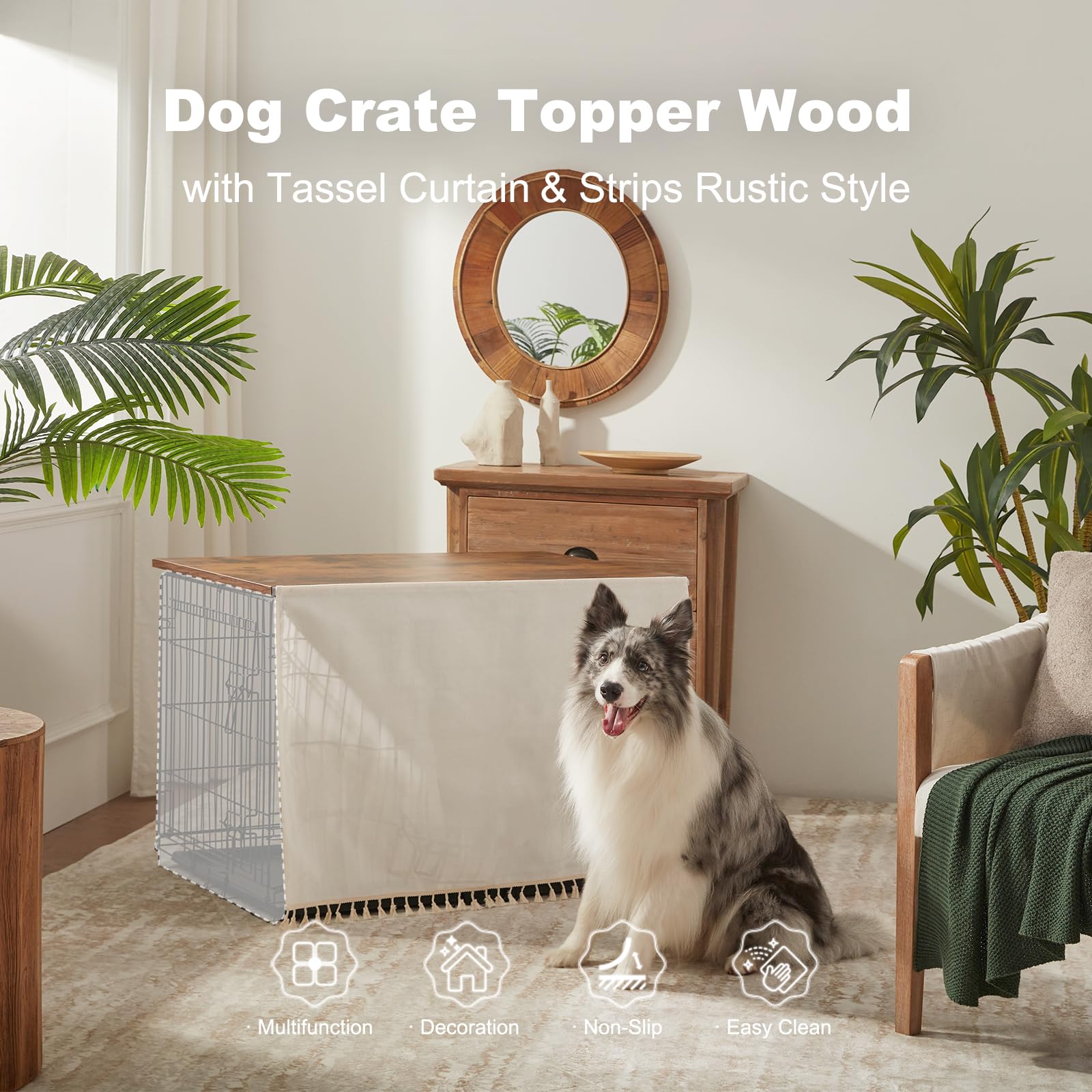 VIE DE AMAN Dog Crate Topper, Rustic Brown Wooden Table Topper for 30 inch Cages, Model A-DCT, Includes Tassel Curtain