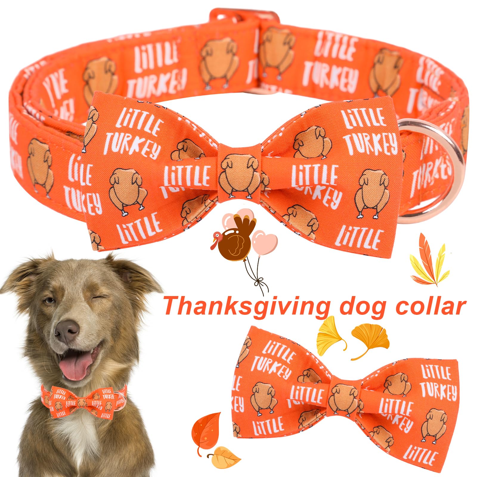 Aring Pet Thanksgiving Dog Collar - Cotton Turkey Dog Collar With Bow, Adjustable Fall Orange Turkey Puppy Collars With Metal Bu