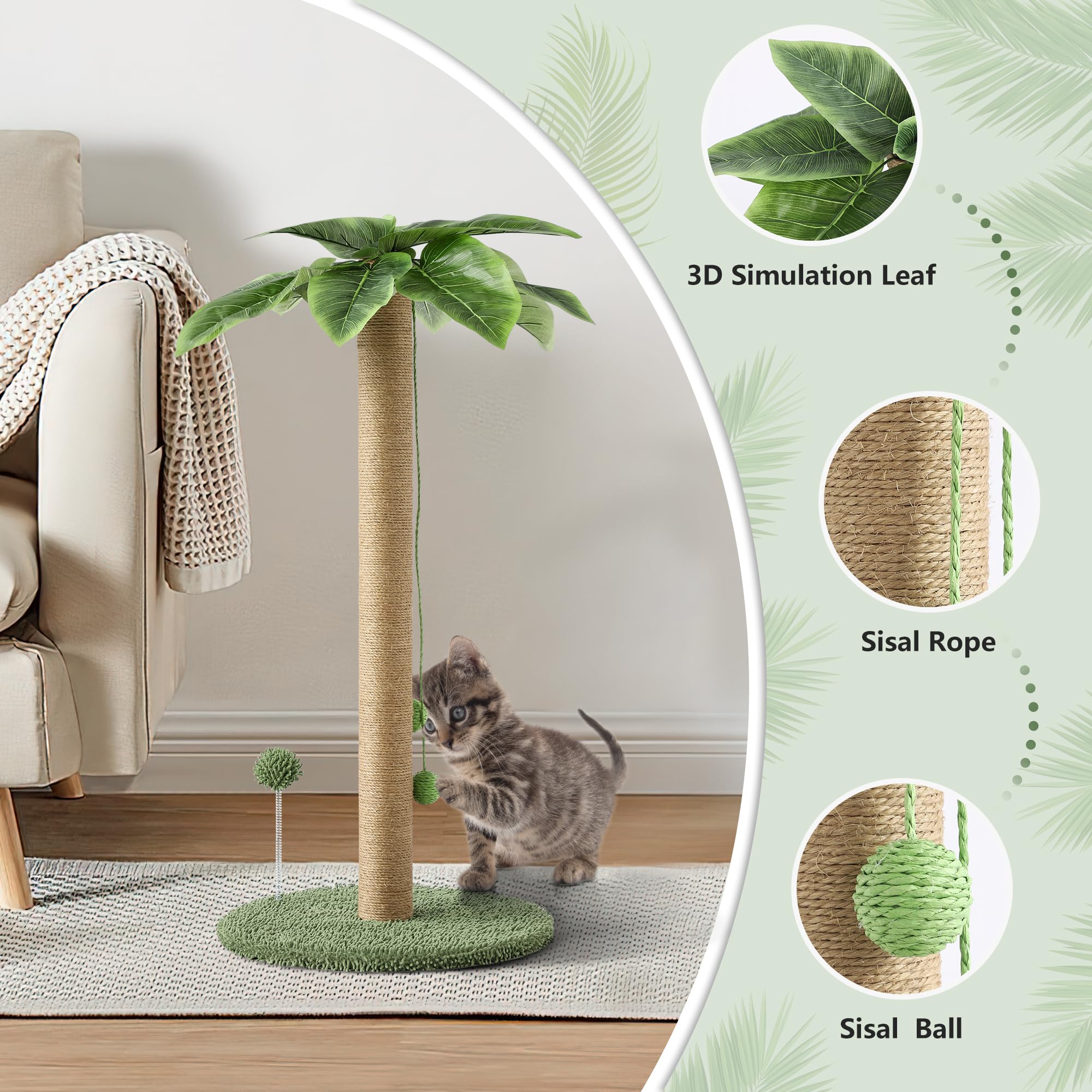 Kigoty Cat Scratching Post Cat Scratcher, 33 Inch Tall Scratching Post With Sisal Rope,Cute Cat Tree With Hanging Interactive Ba