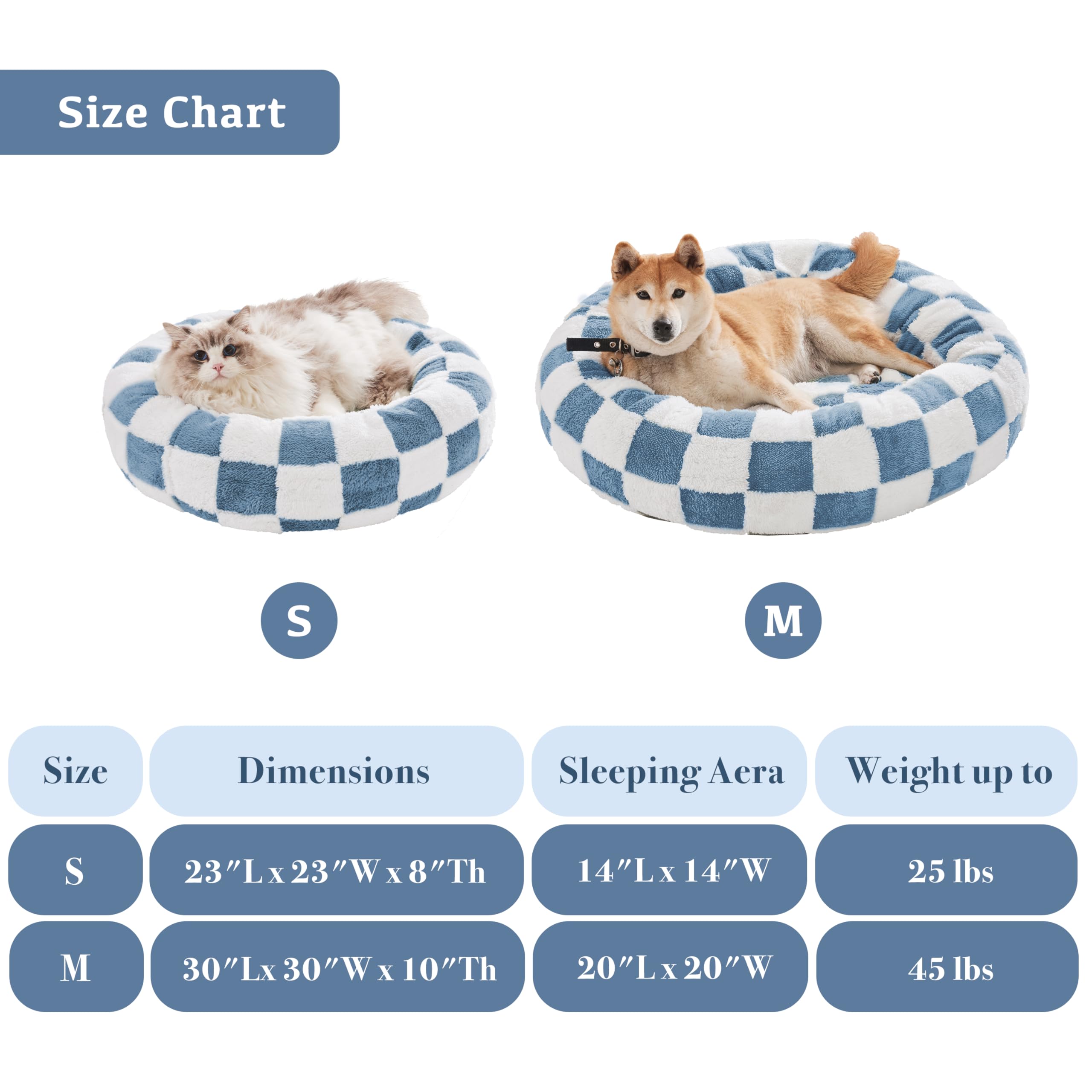 Ohocut Checkered Dog Bed, Cute Blue Retro Style Aesthetic Round Warming Pet Calming Beds For Small Dog And Cats, Plush Cozy Donu