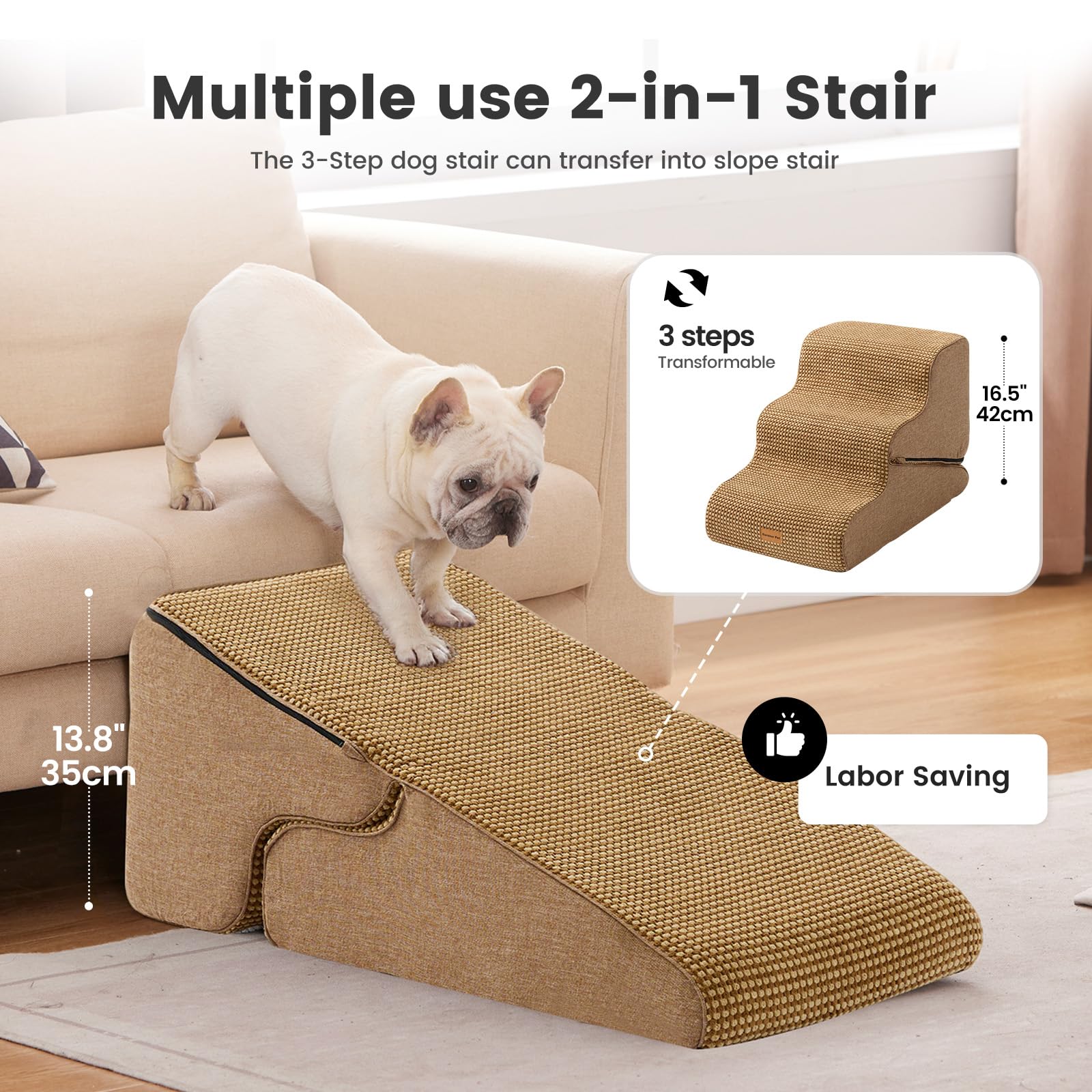 Gardner Pet Dog Stairs for Small Dogs 16.5 H, 2 in 1 Transformable 3-Step Pet Stairs and Dog Ramp for Couch (13-20 in), Brown Ad