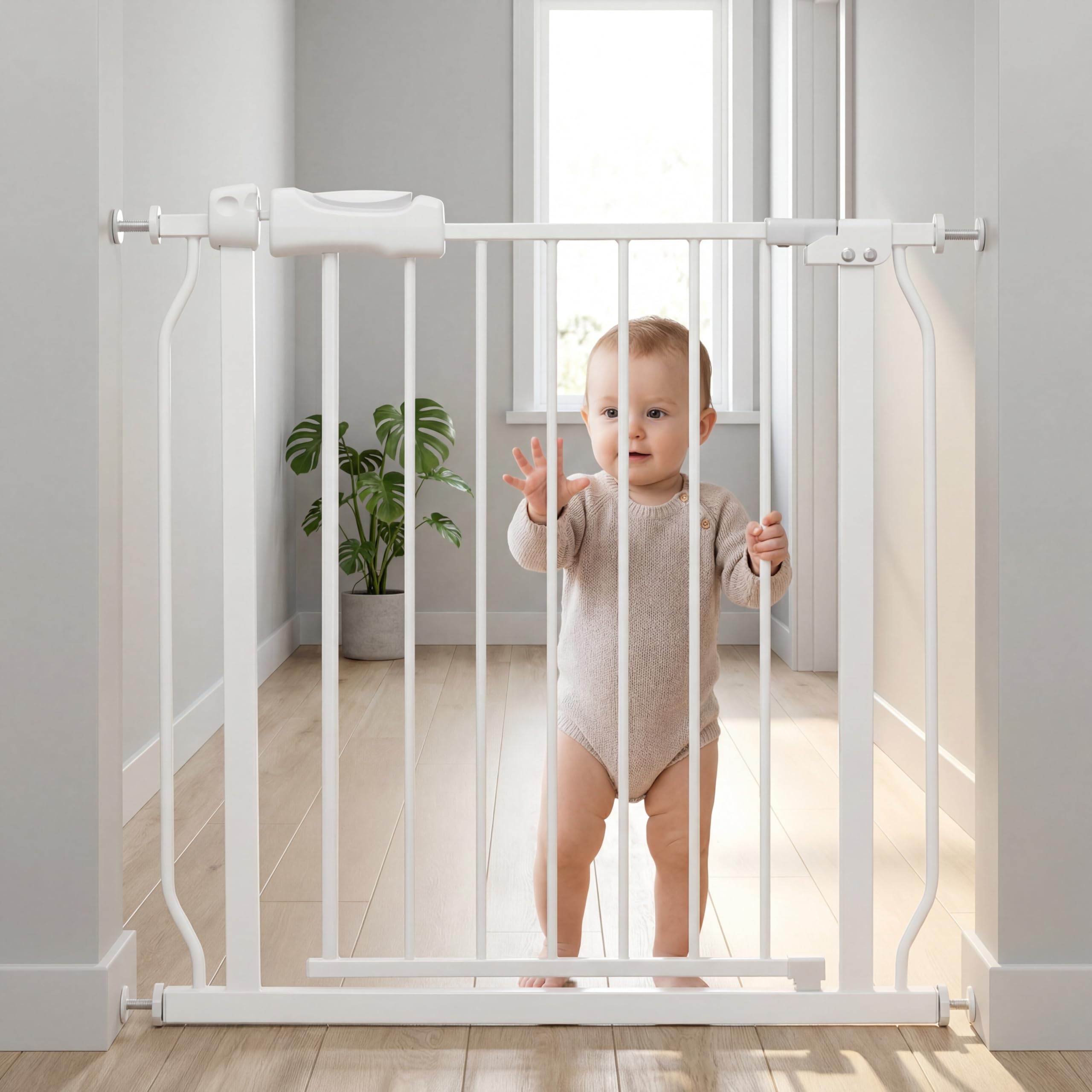 COSEND Narrow Baby Gate for Narrow Doorways Small White Tension Indoor Safety Gates Auto Close Walk Through Metal Dog Gate for T