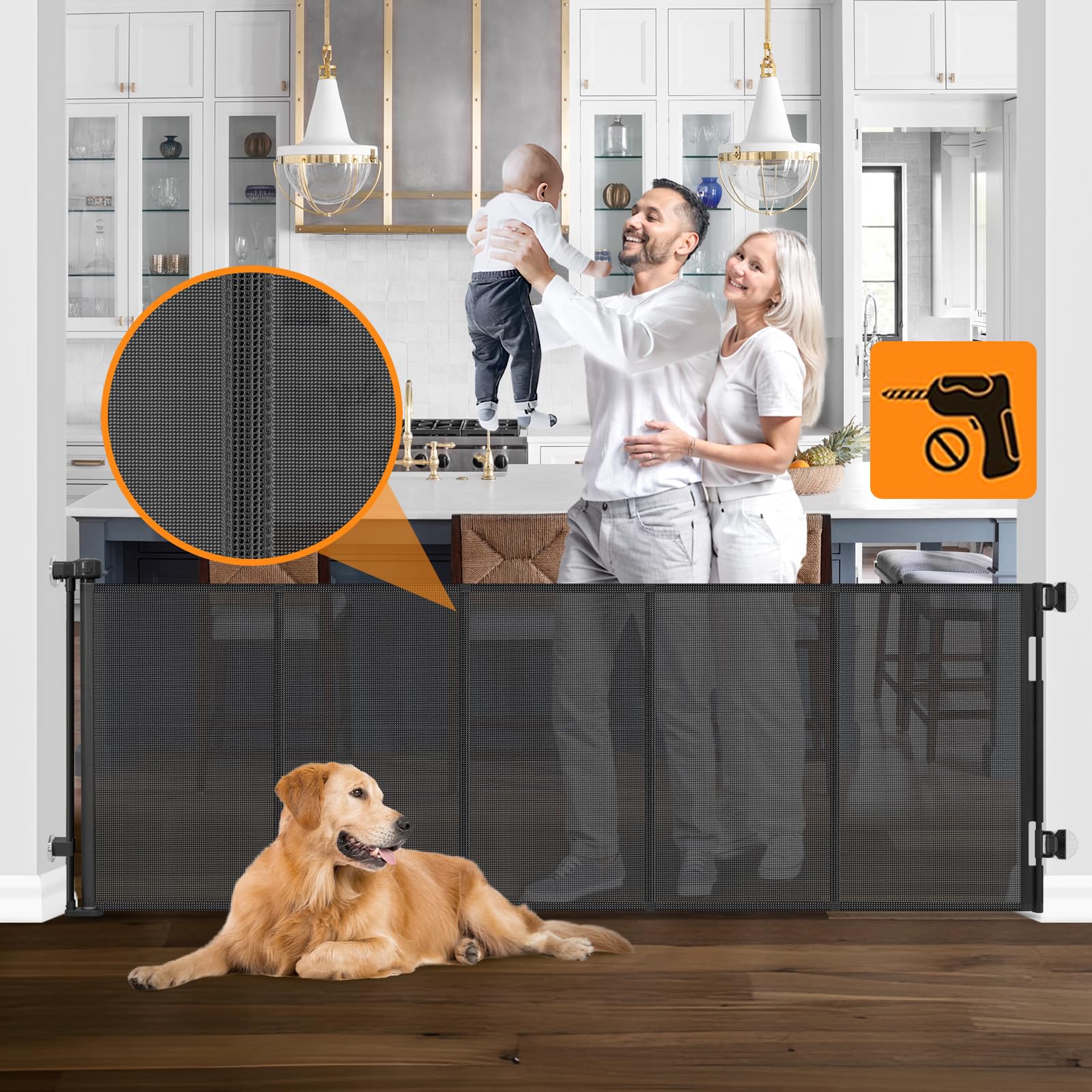 Reinforced No Drilling 100'' Wide Retractable Baby Gates Extra Wide Dog Gate with Support Bars Mesh Baby Gate No Drill Retractab