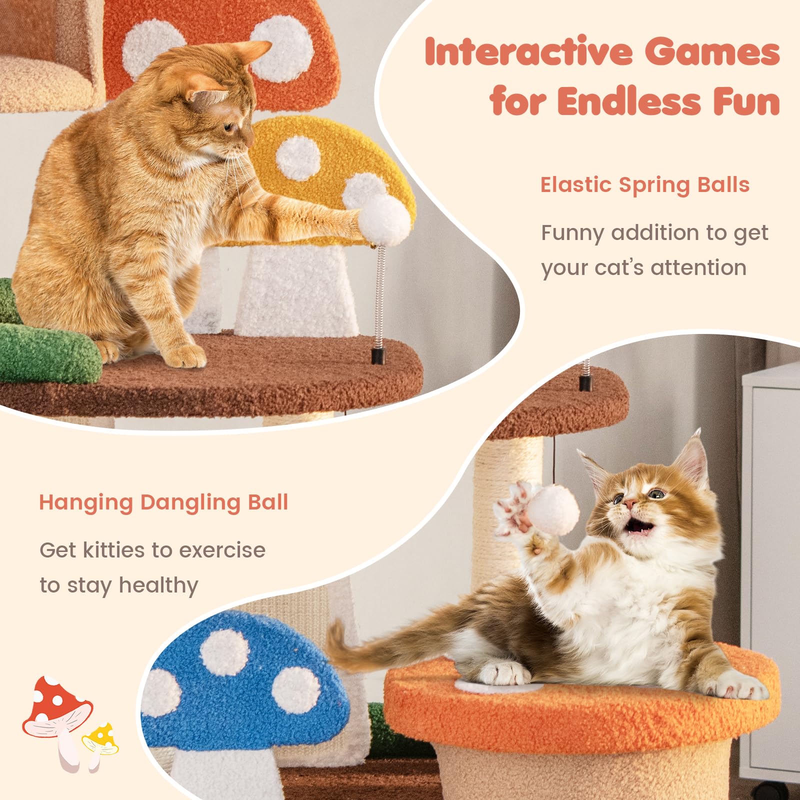 Nightcore Mushroom Small Cat Tree, 57.5'' Multi-Level Cat Tower W/Natural Sisal Scratching Posts & Boards, Cat Tree W/Interactiv