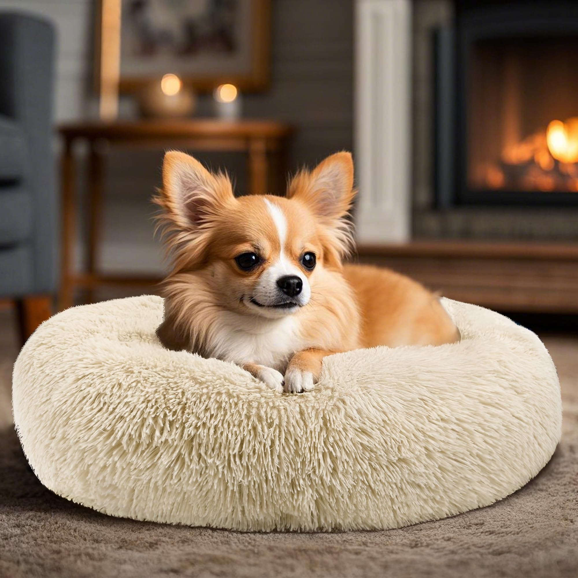Dogs Bed For Small Dogs, Anti-Anxiety Washable Round Bed (Light Brown, 24.0'' L X 24.0'' W X 8.0'' Th)