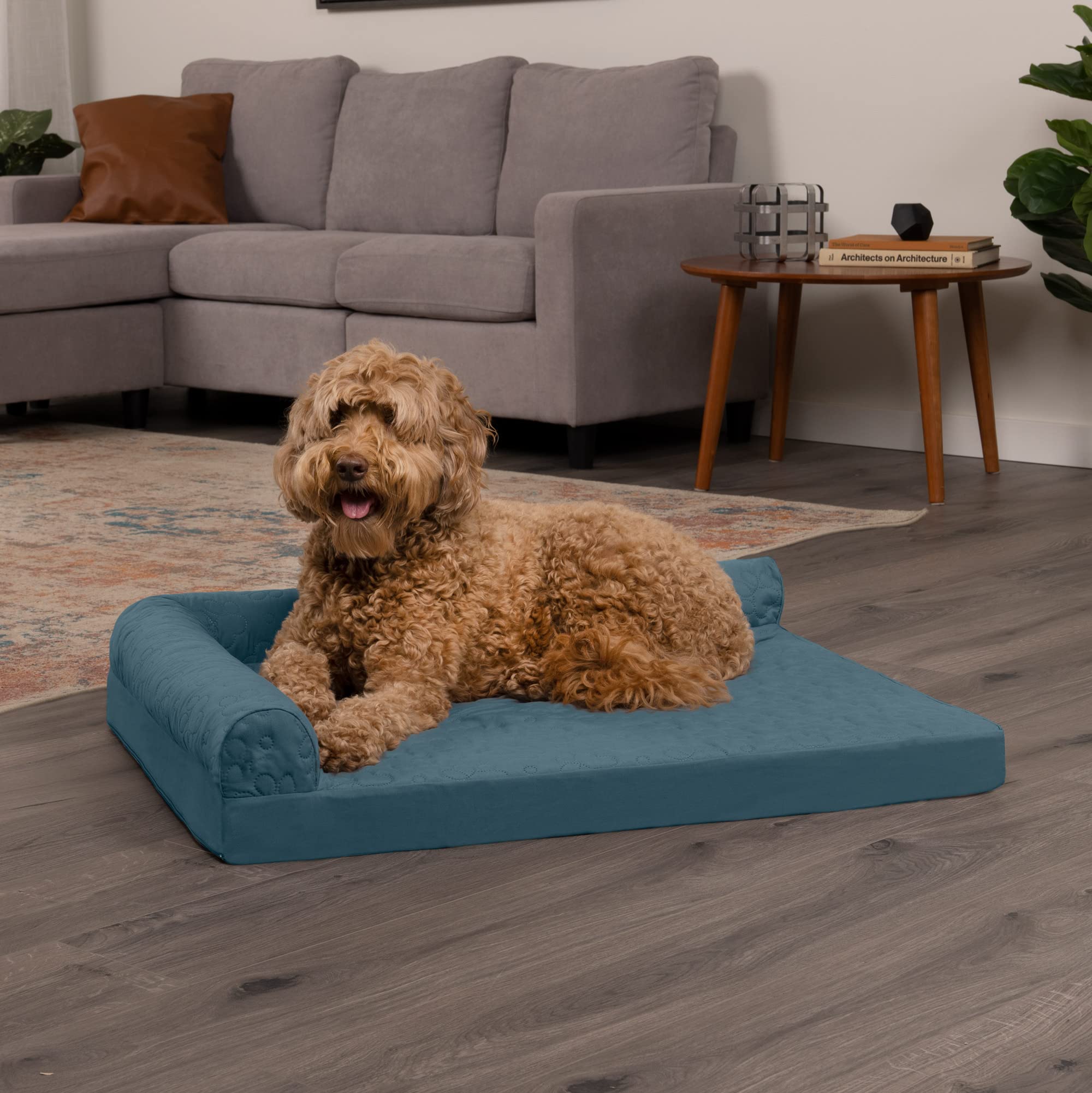 Furhaven Orthopedic Dog Bed For Large/Medium Dogs W/ Removable Bolsters & Washable Cover, For Dogs Up To 55 Lbs - Pinsonic Quilted Paw L Shaped Chaise - Bluestone, Large