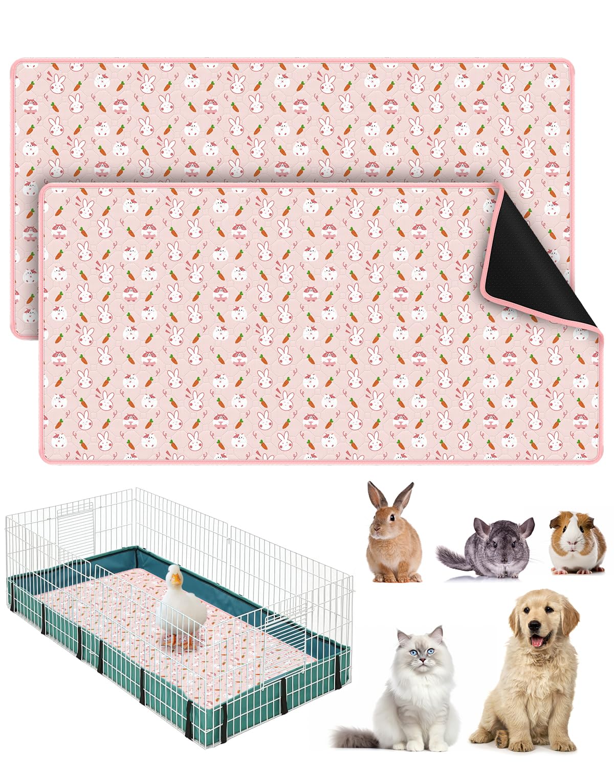 Bissap 2 Packs Guinea Pig Cage Liners, 47 ' 'X24 ' ' Washable Guinea Pig Pee Pads Non Slip Reusable Fast and Super Absorbent Bed