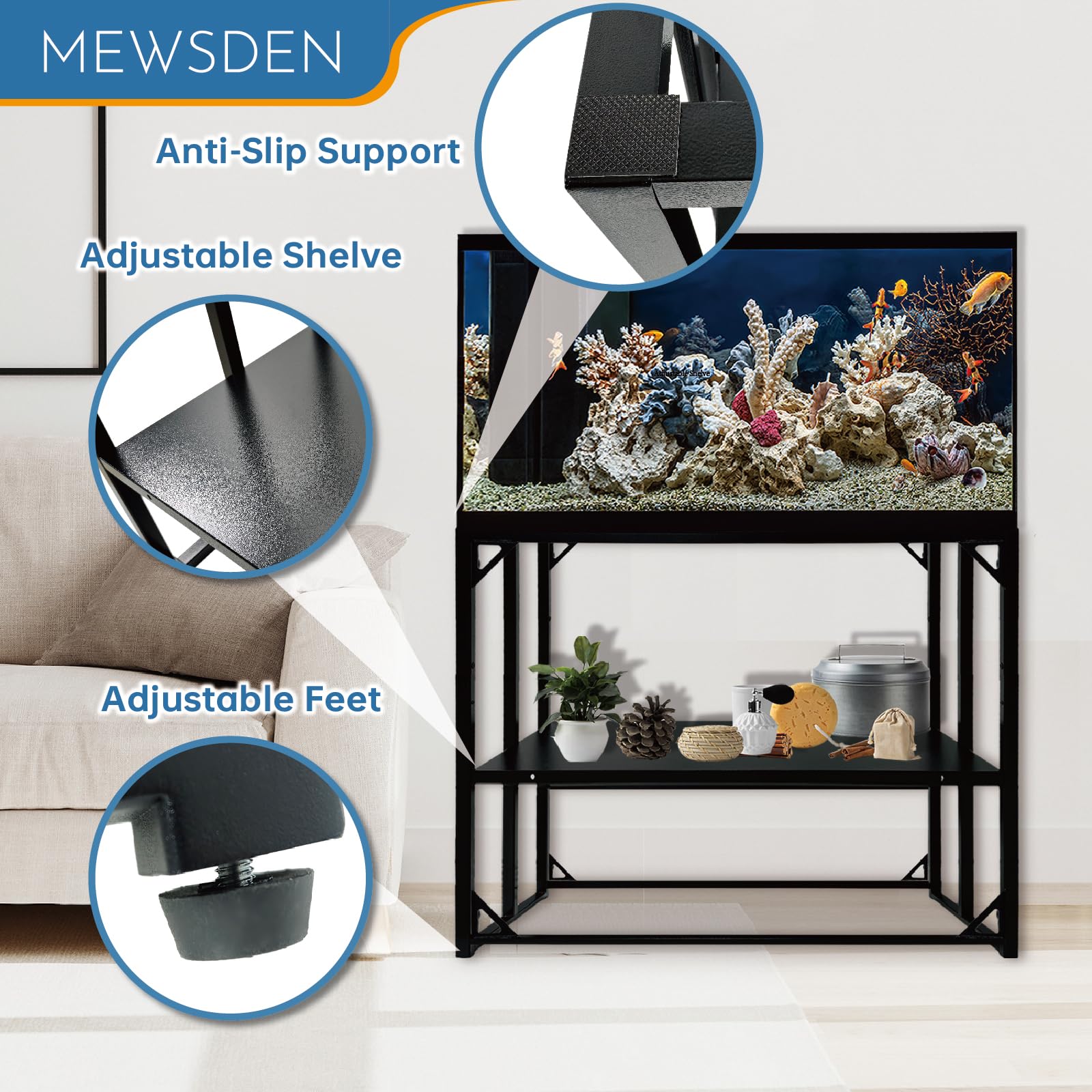 MEWSDEN Fish Tank Stand - 40 Gallon Heavy Duty Metal, 660LBS Capacity, Black, 2-Tier Storage Shelves, Model MEWS-FishTankStand-40
