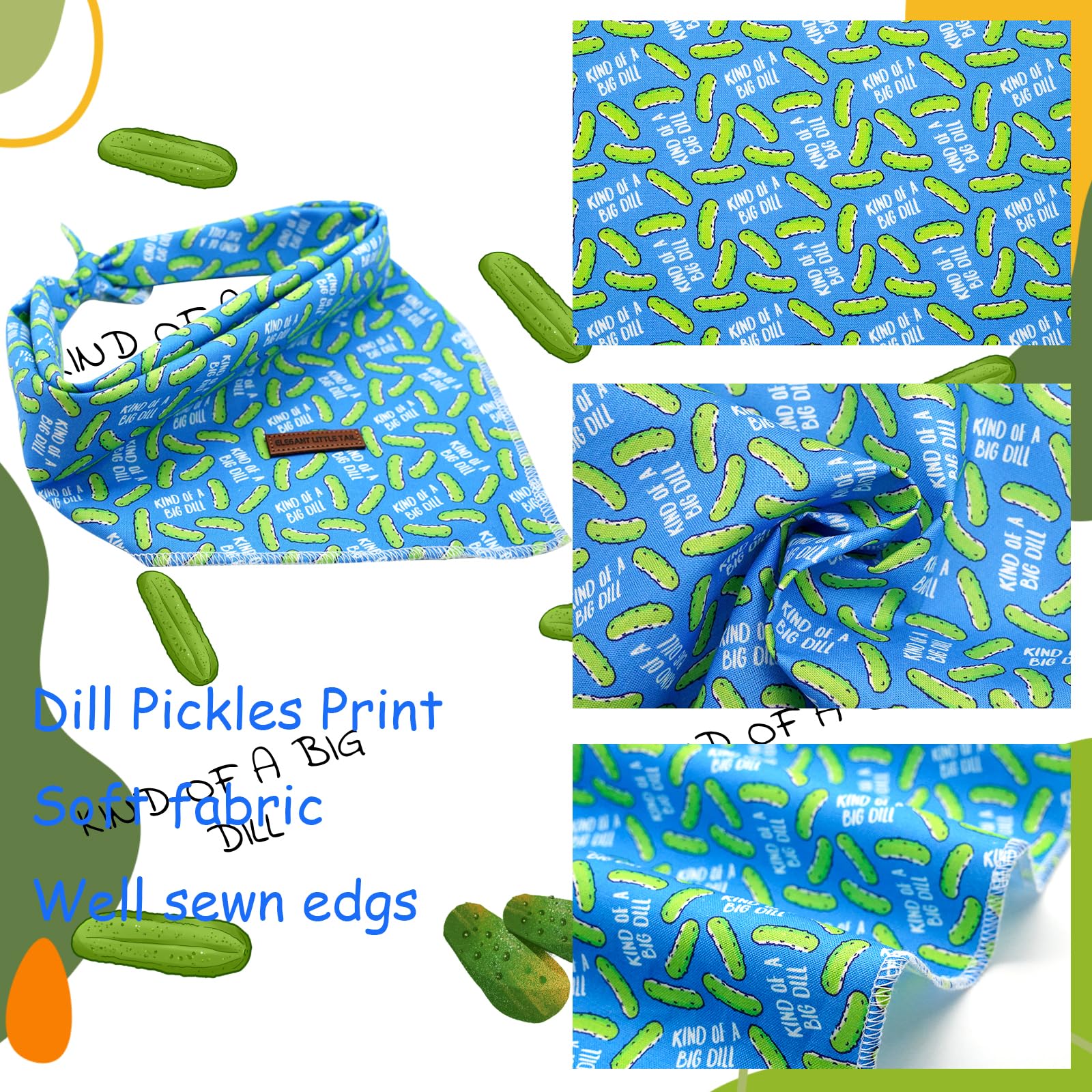 Elegant Little Tail Dog Bandana - Dill Pickles Print Pet Birthday Gift, Boy Bibs Scarf, Soft Adjustable Square Kerchief For Larg