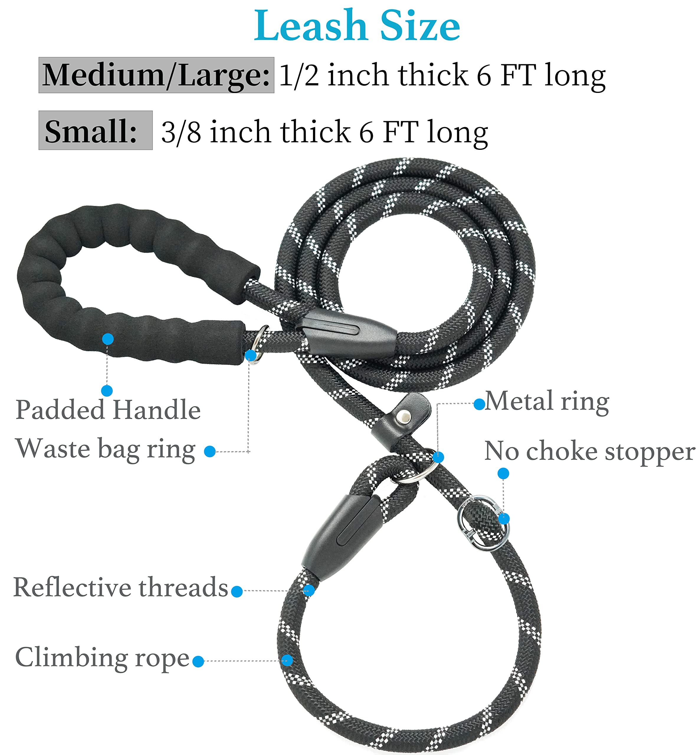 Iyoshop Durable Slip Lead Dog Leash With Padded Handle And Highly Reflective Threads, No Pull Dog Training Leash, (3/8'' X 6 Ft,