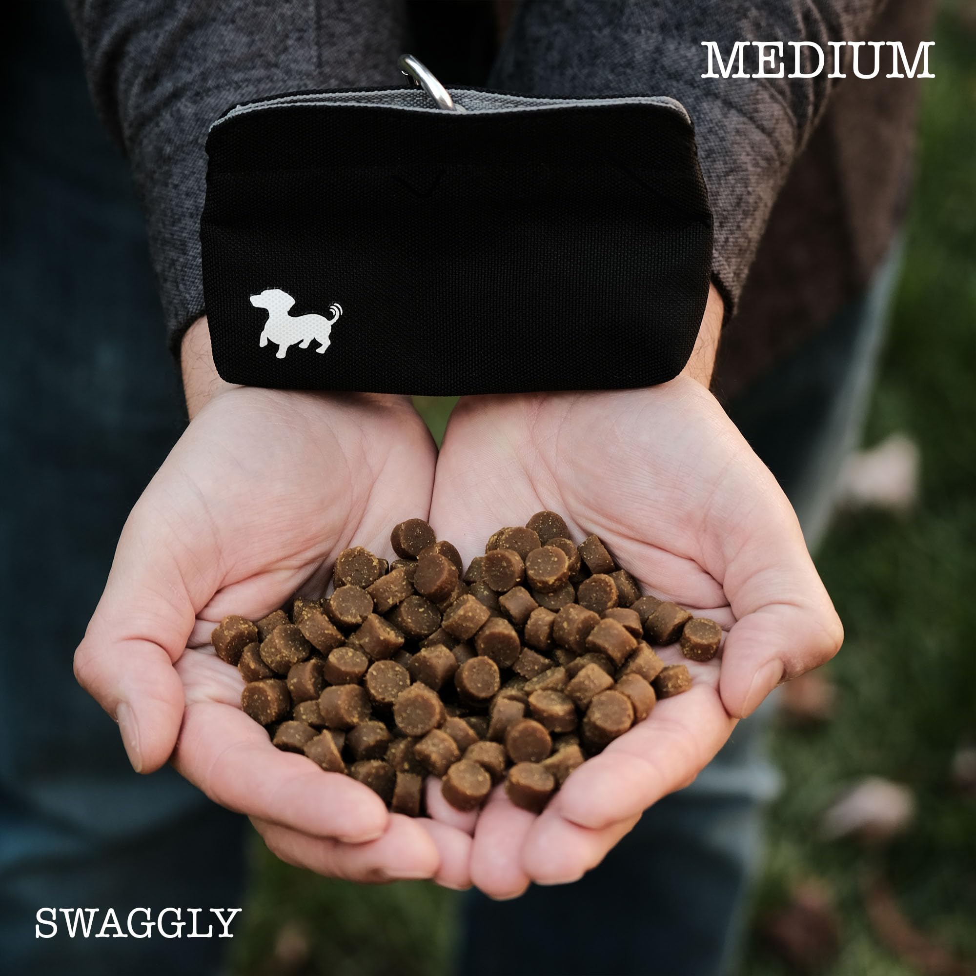 Swaggly Medium Dog Treat Pouch - Black with Gray Interior - Magnetic Closure Training Bag for Walking