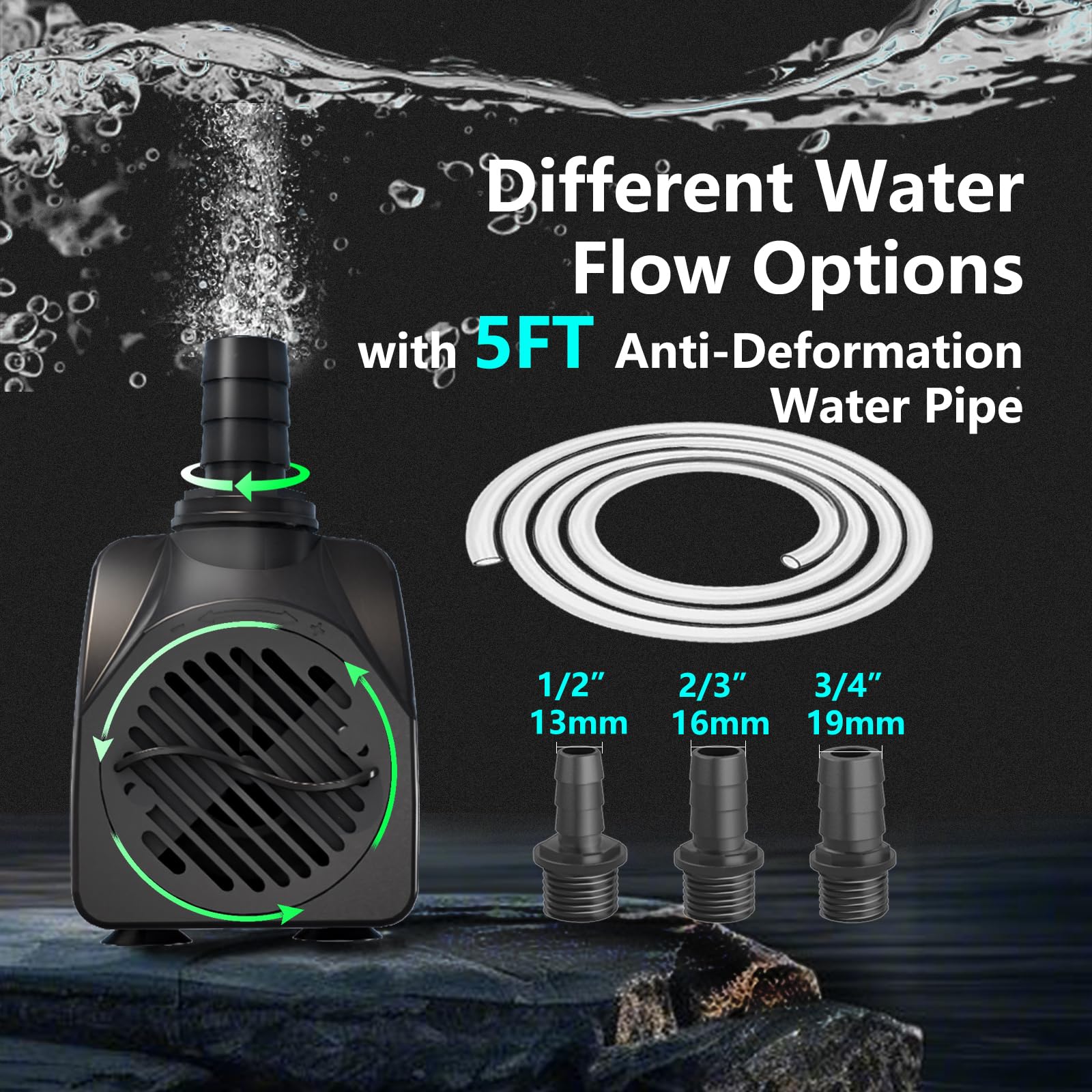 Zoronk 400GPH Auto-Shut-OFF Submersible Pond Pump (1500L/H 25W) Ultra Quiet Fountain Water Pump with 6.5ft High Lift, 3 Nozzles