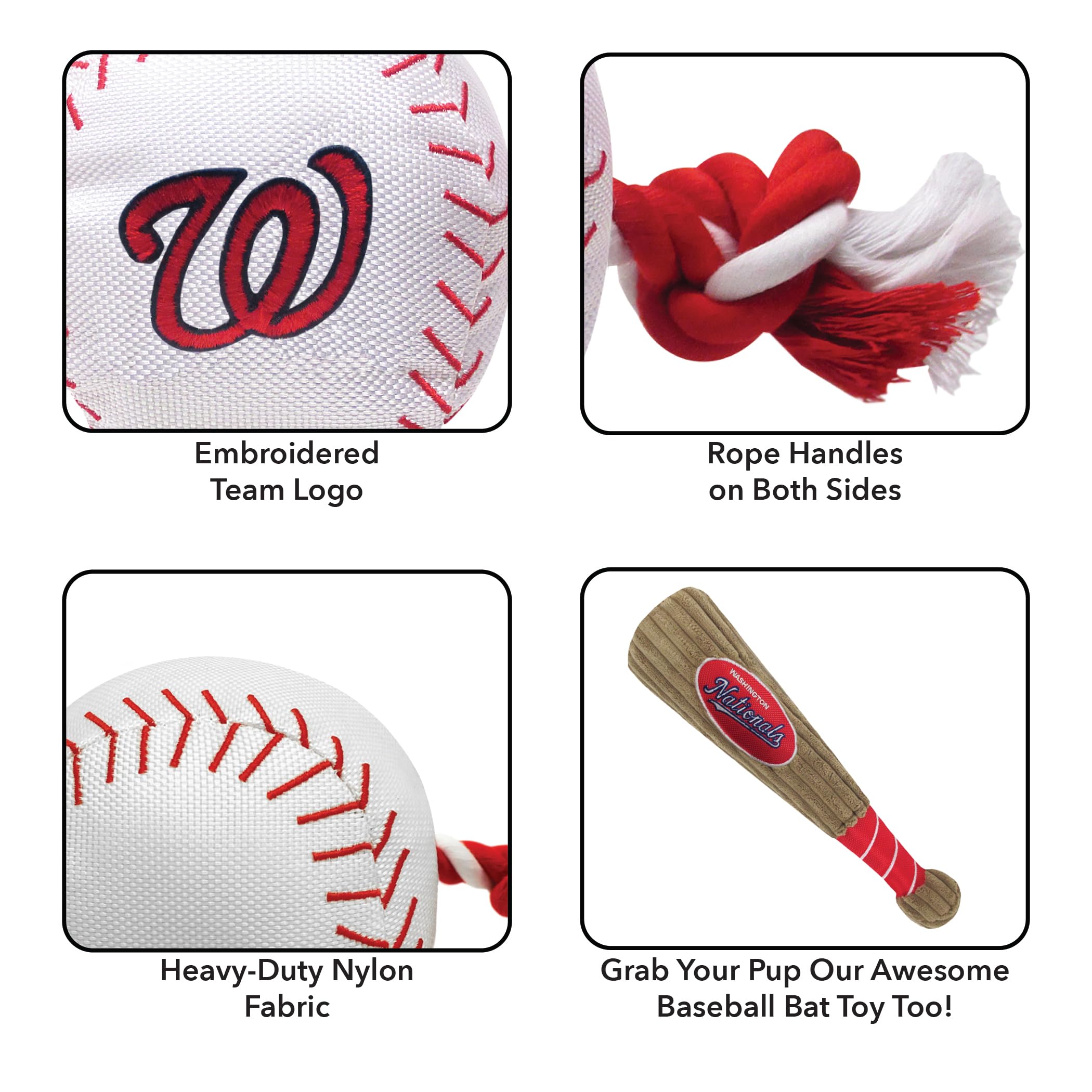Mlb Washington Nationals Baseball Rope Toy For Dogs & Cats. Tough Nylon, Sporty Baseball Design, Heavy-Duty Ropes With Inner Squ