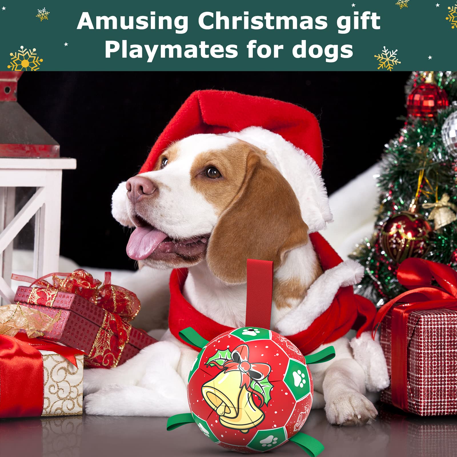 QDAN Christmas Dog Soccer Balls with Straps, Interactive Dog Toys for Tug of War, Puppy Birthday Gifts, Dog Tug Toy, Dog Water T