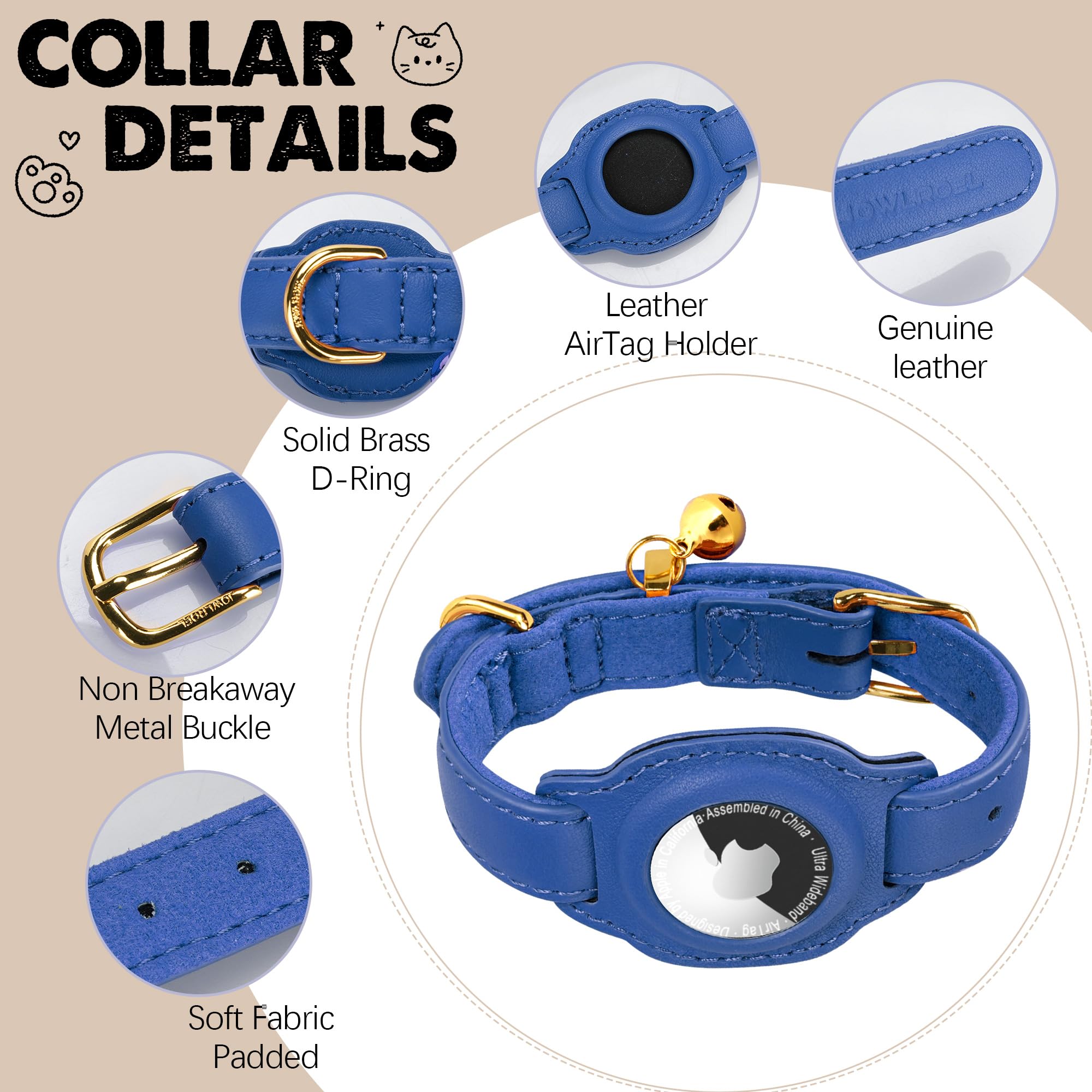 Jowlroel Airtag Cat Collar With Bell & Fabric Liner - Pet Collar Leather Cat Collar - Non Breakaway Leather Kitten Collar With A
