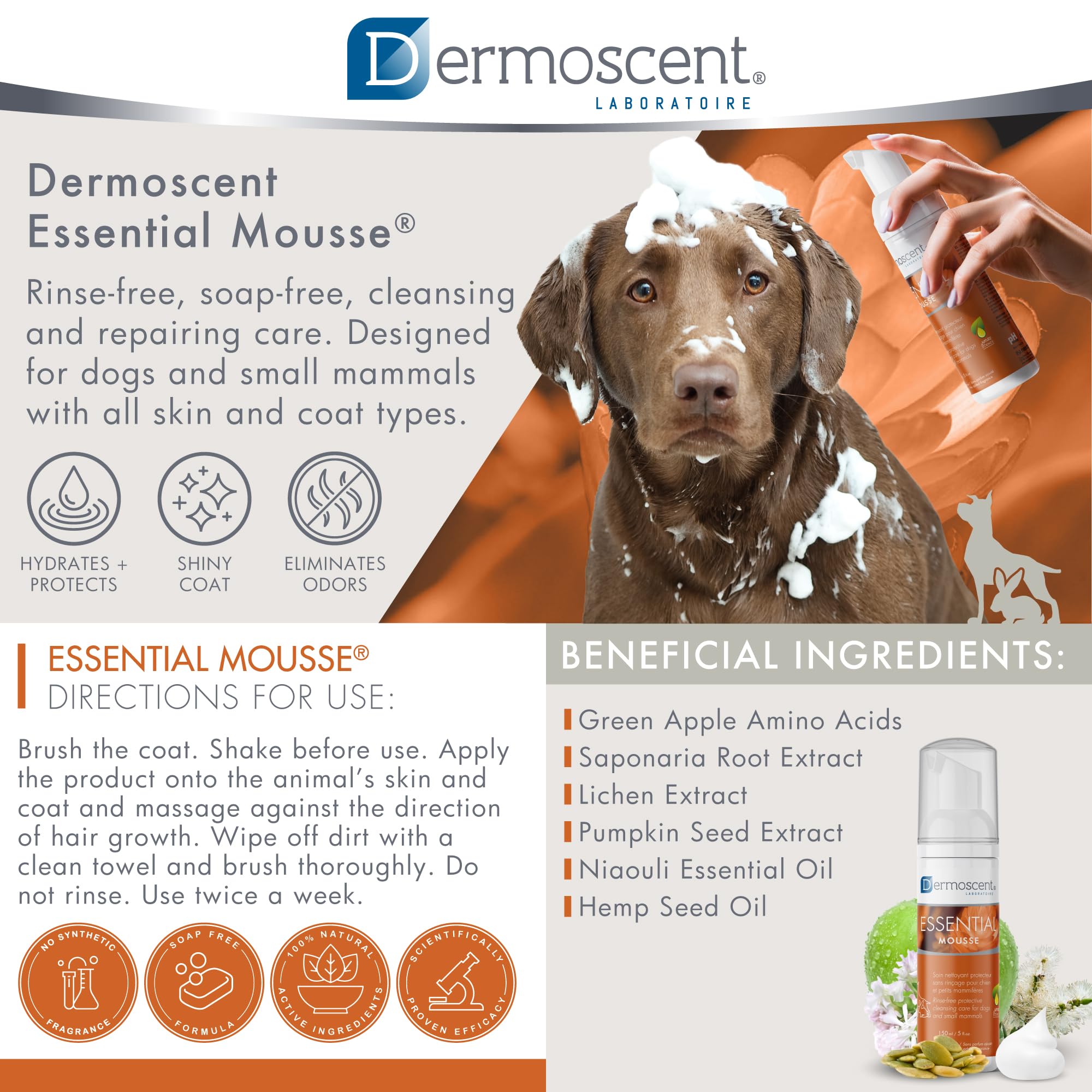 Dermoscent Essential Mousse - Dry Shampoo For Dogs & Small Mammals - Rinse Free Foam To Cleanse Skin & Coat - Odour Control For Smelly Pets - Soap Free - 150Ml