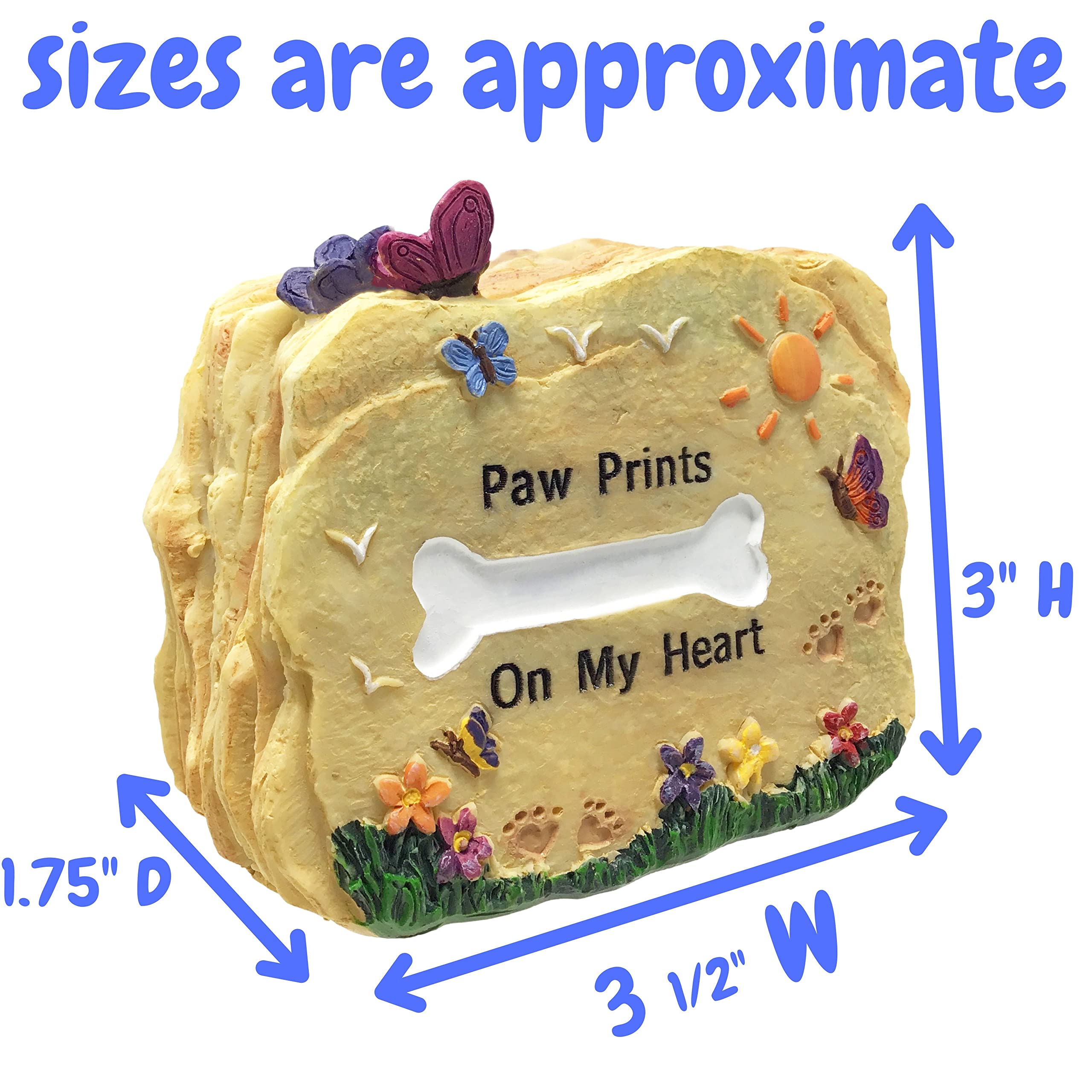 Banberry Designs Dog Memorial Stone - Paw Prints On My Heart Rock With Butterflies, Flowers, Sun - 3.25' W X 2.5' H X 1.5' D - Desktop Pet Remembrance Décor