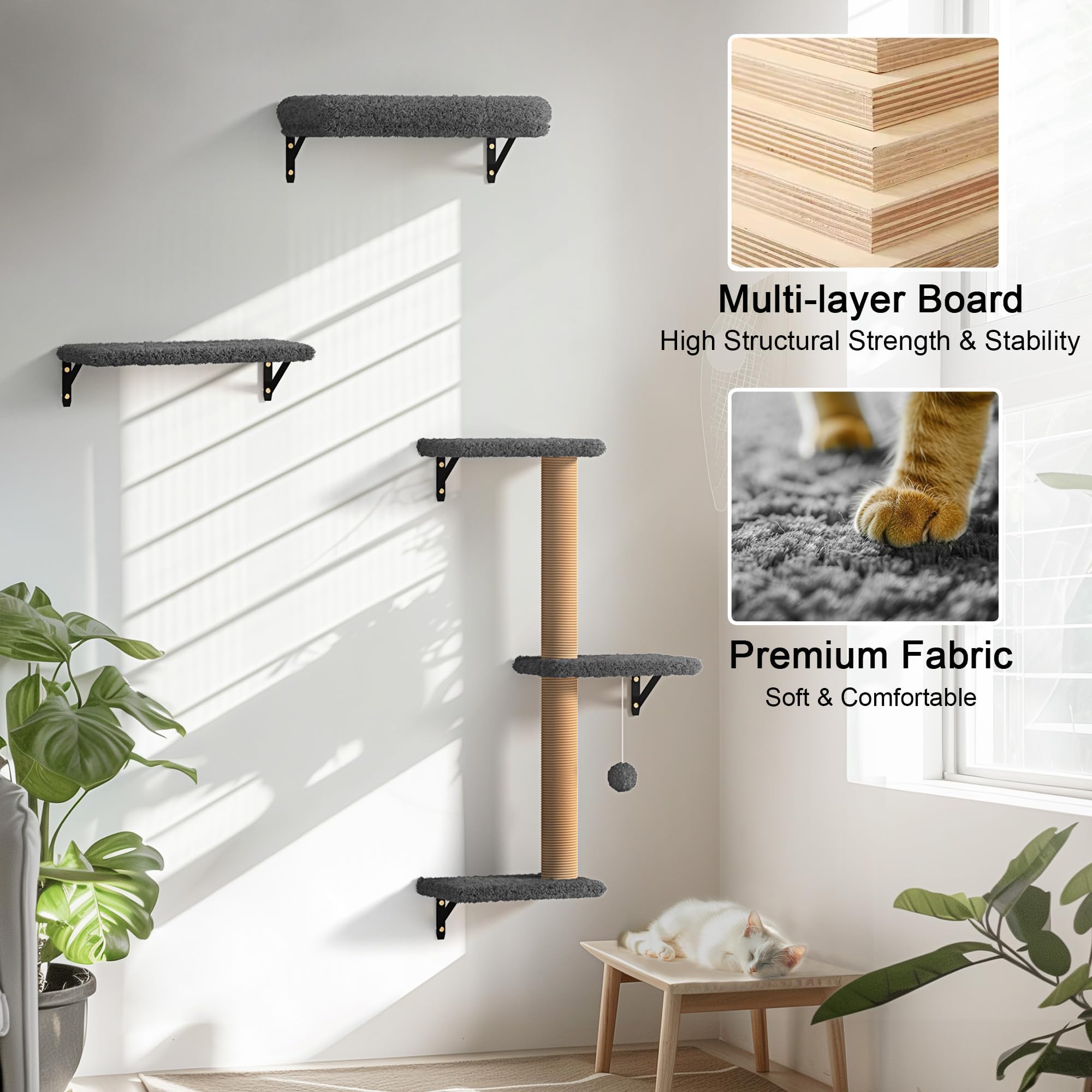 Fukumaru Cat Wall Shelves, Stable & Safe 4 In 1 Cat Furniture Set, Wooden Climbing Wall With Scratching Post For 16 Inch Drywall