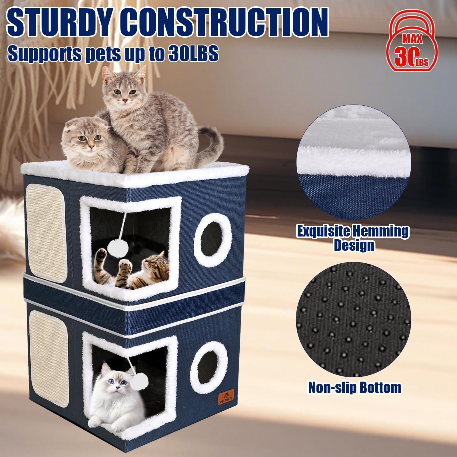 2-Story Cat House For Indoor Cats, Dual-Purpose Cat Cave Bed With Scratch Pad And Fluffy Ball, Foldable Cat Hideaway, Cute Cat C