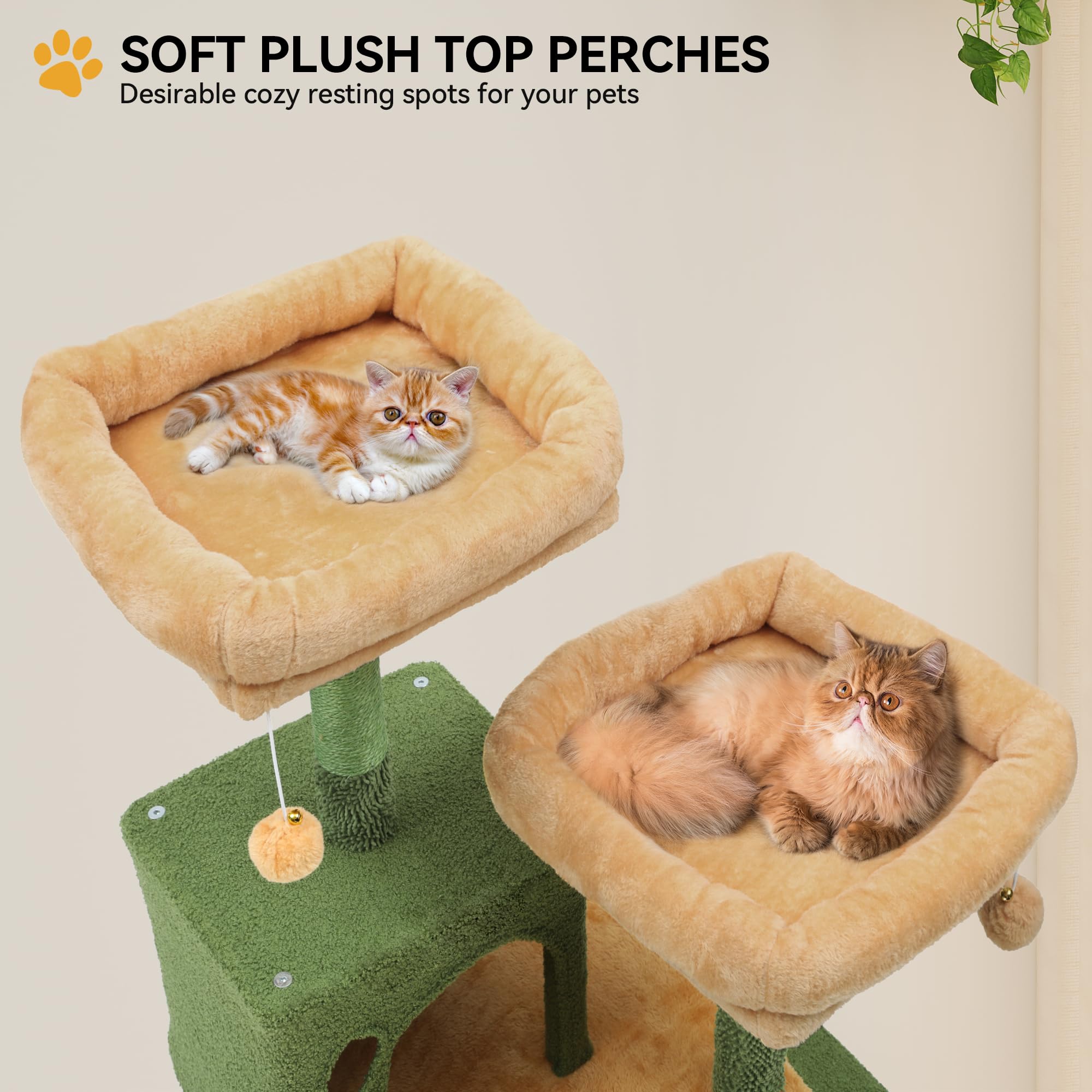 Yitahome 76In Tall Cactus Cat Tree Tower With Self-Grooming Brush, Cute Cat Climbing Tower For Indoor Cats With Cat Condo, Plush