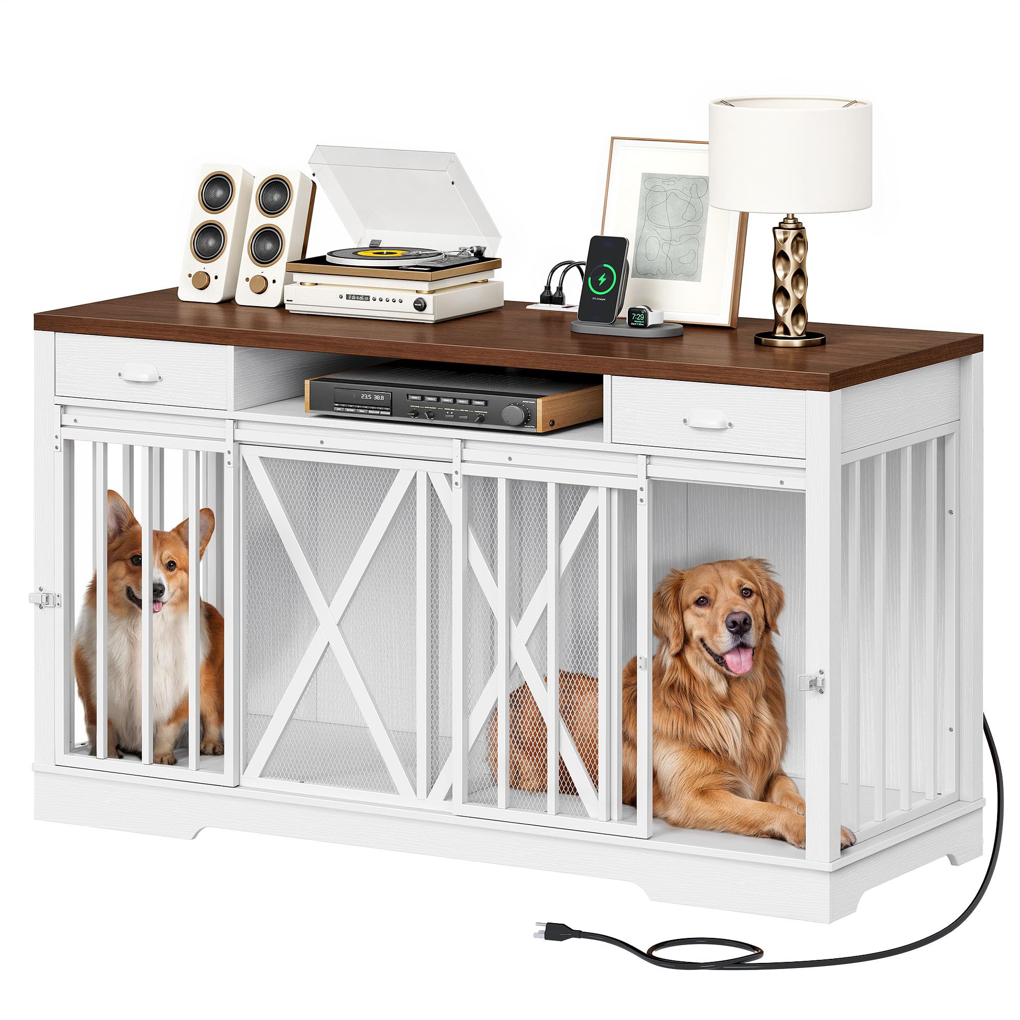DWVO Double Dog Crate Furniture, Heavy Duty Wooden TV Stand, 62.6"L x 23.2"W x 35.4"H, White, Model MADWVd2h6